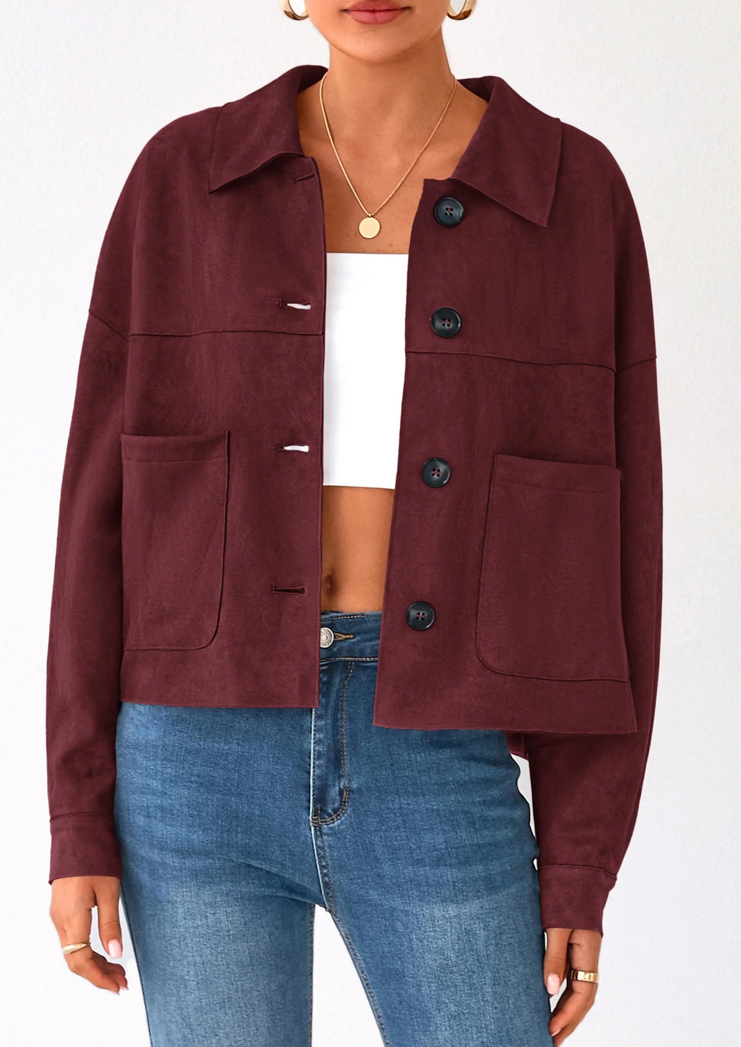 Women's Faux Suede Cropped Jacket Casual Lightweight Fall Fashion Winter Coats Outerwear Trendy Clothes