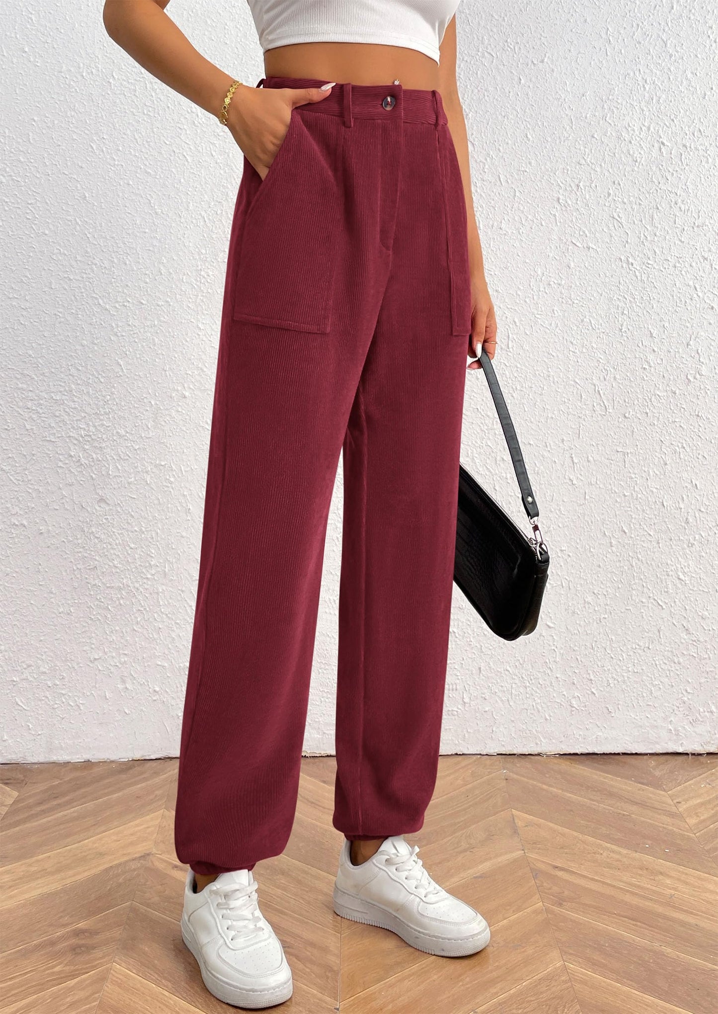Women's Pants Dressy Casual Fall Elastic High Waisted Work Office Corduroy Trouser Slacks with Pockets