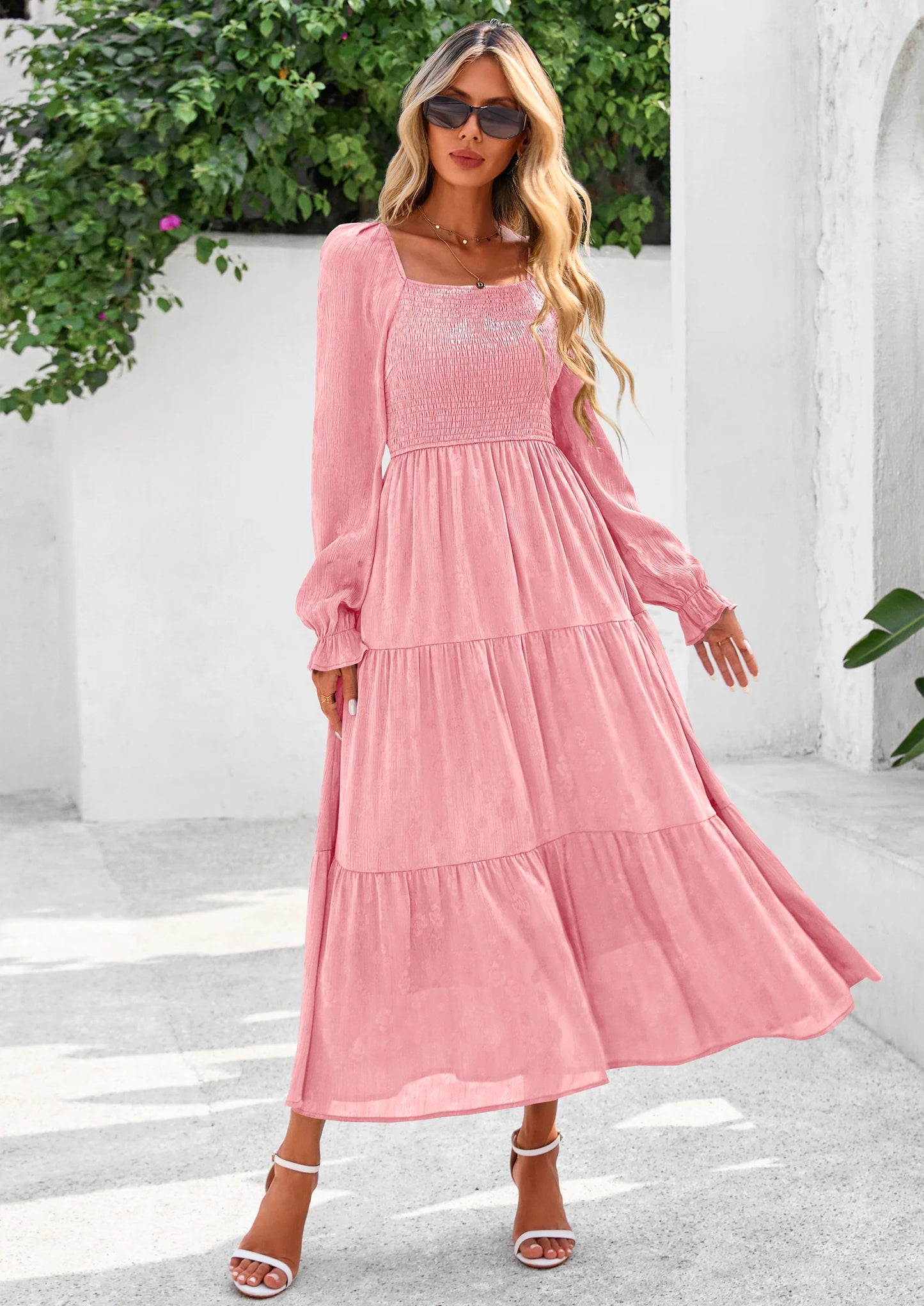 Fall Wedding Guest Dresses for Women Floral Long Sleeve Smocked Tiered Elegant Long Flowy Boho Dress