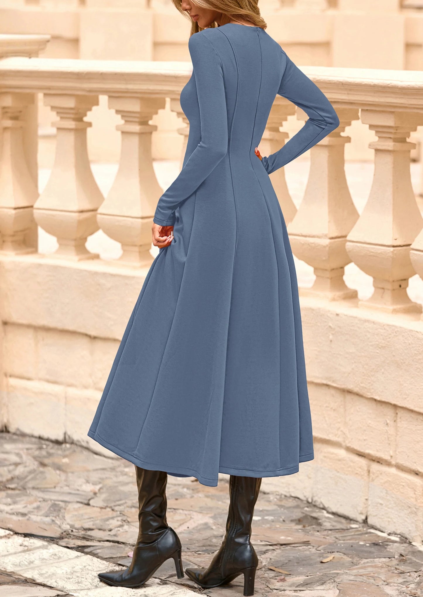 Women's Fall Long Sleeve Midi Dress Casual Elegant Ruffle Flowy A Line Swing Cocktail Party Dresses