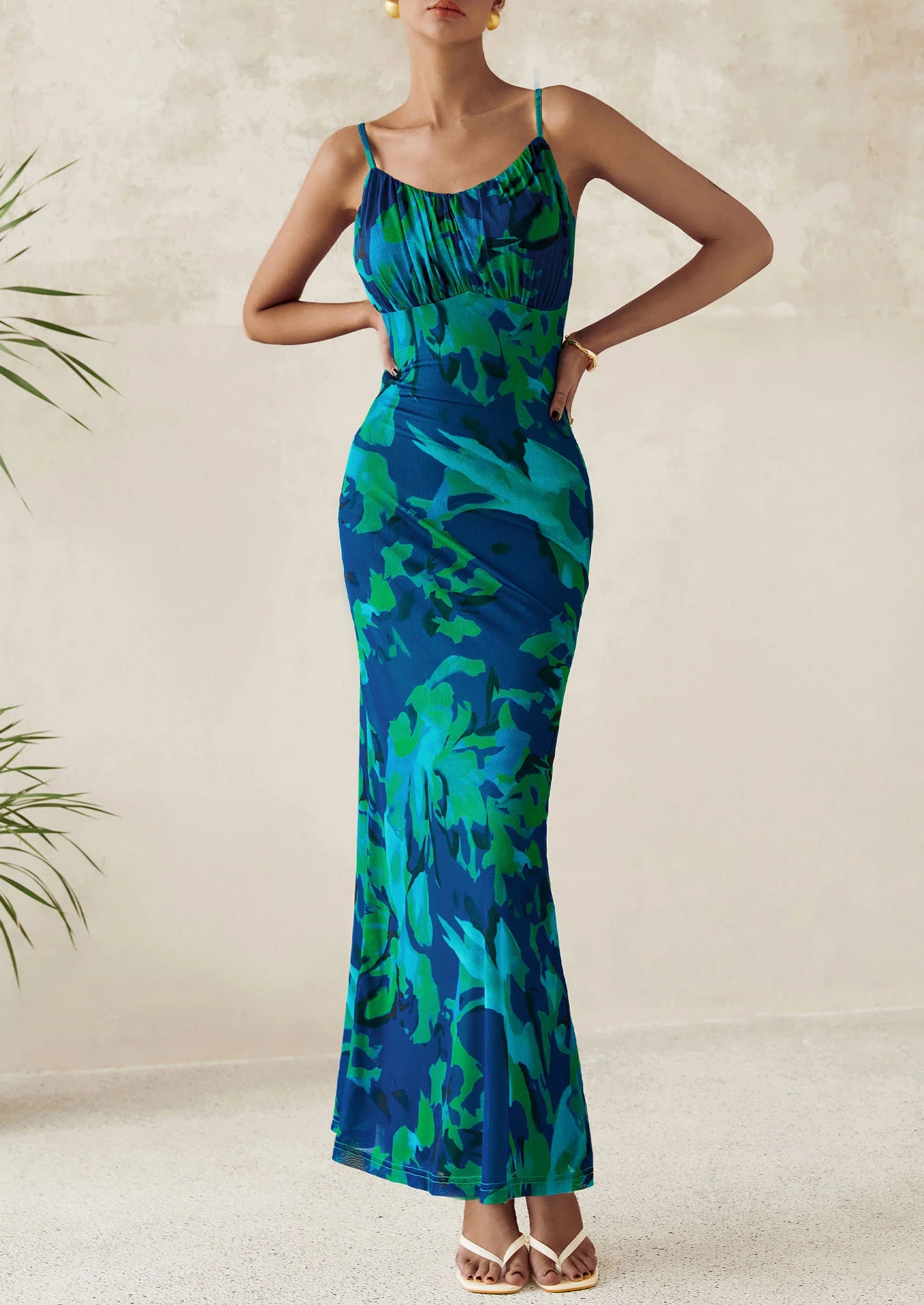 Women's Bodycon Maxi Dress Floral Sundress Sleeveless Spaghetti Strap Cocktail Party Dress