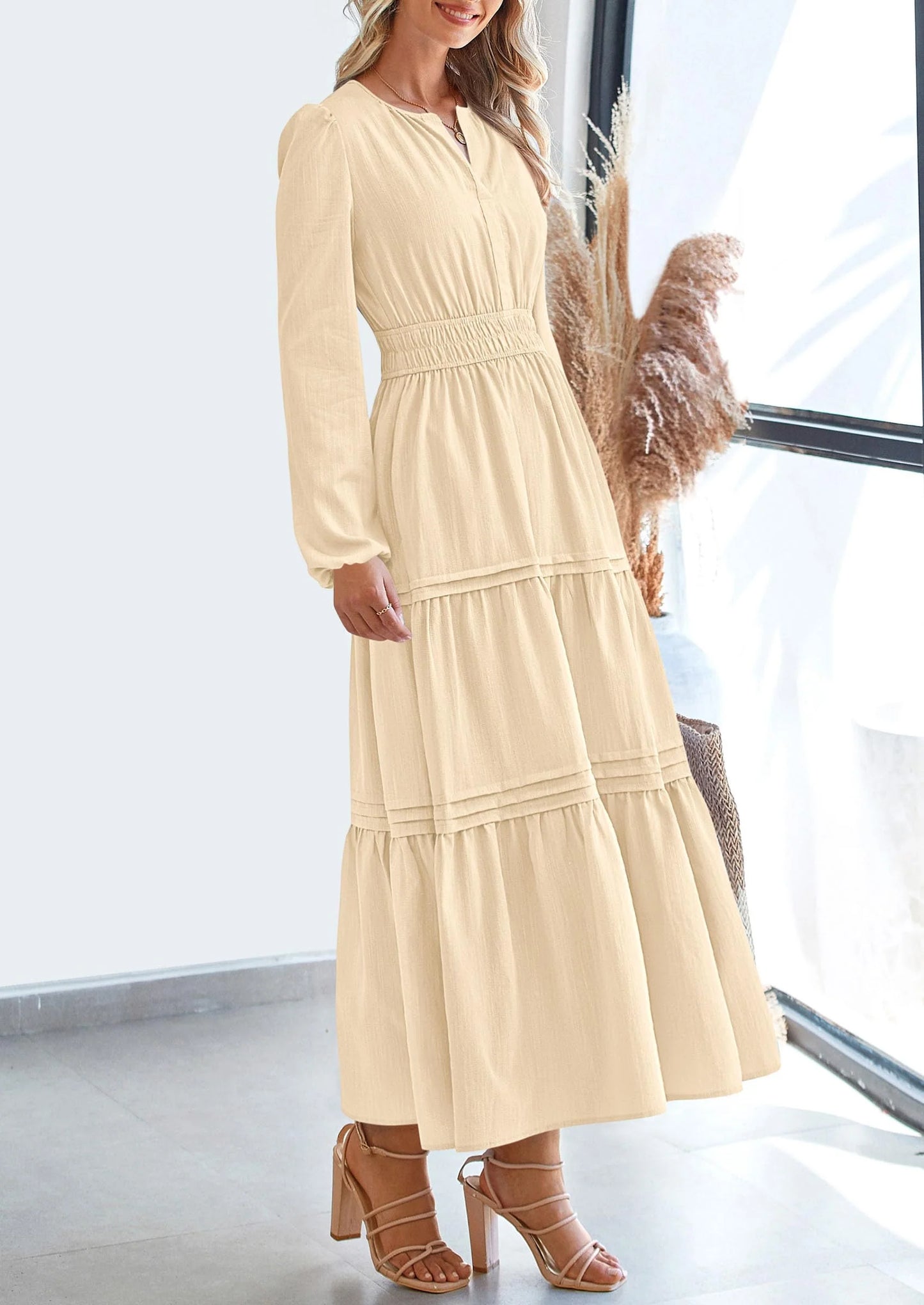 Women's Elegant Maxi Dresses Long Sleeve V Neck Flowy Pockets Casual Modest Dress Fall Fashion Clothes