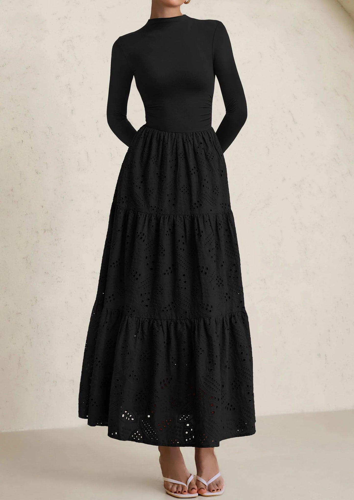 Long Sleeve Dress for Women Fall Eyelet Mock Neck A Line Elegant Classy Maxi Wedding Guest Dresses Pockets