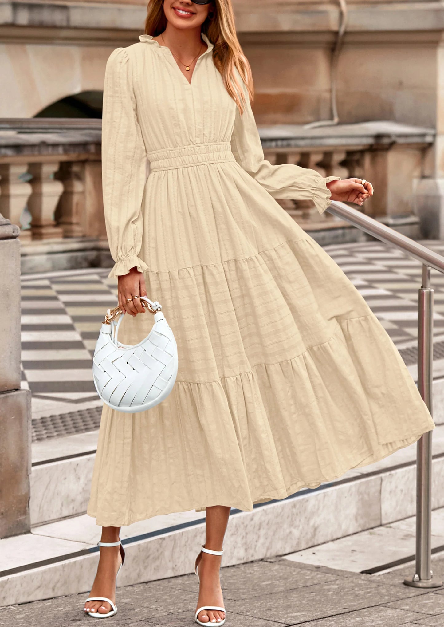 Women's Fall Wedding Guest Dresses Long Sleeve V Neck Flowy Elegant Holiday Party Maxi Dress with Pockets