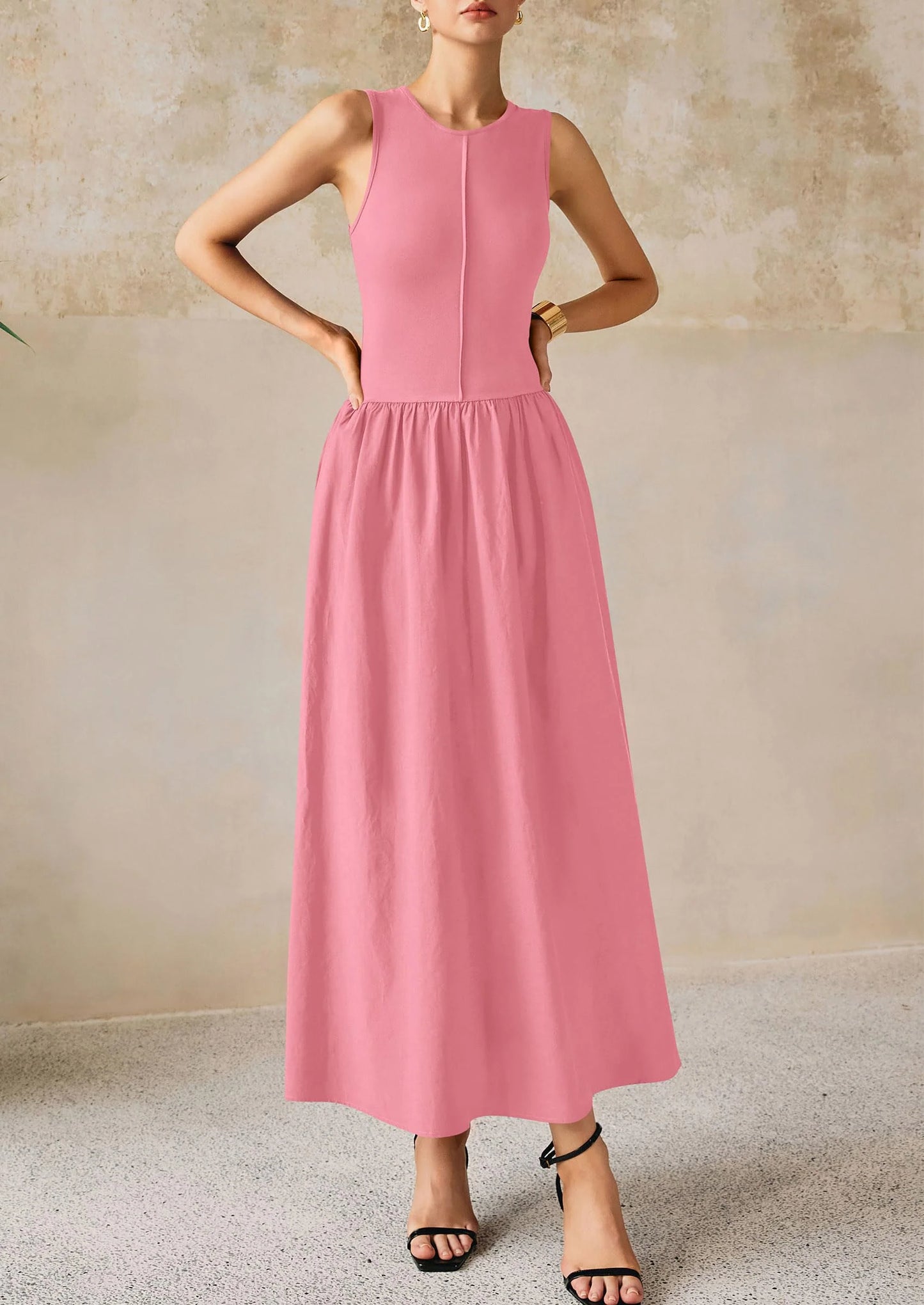 Women Maxi Dresses Casual Sleeveless Patchwork Knit Tank Dress Flowy Beach Sundress Long Dress