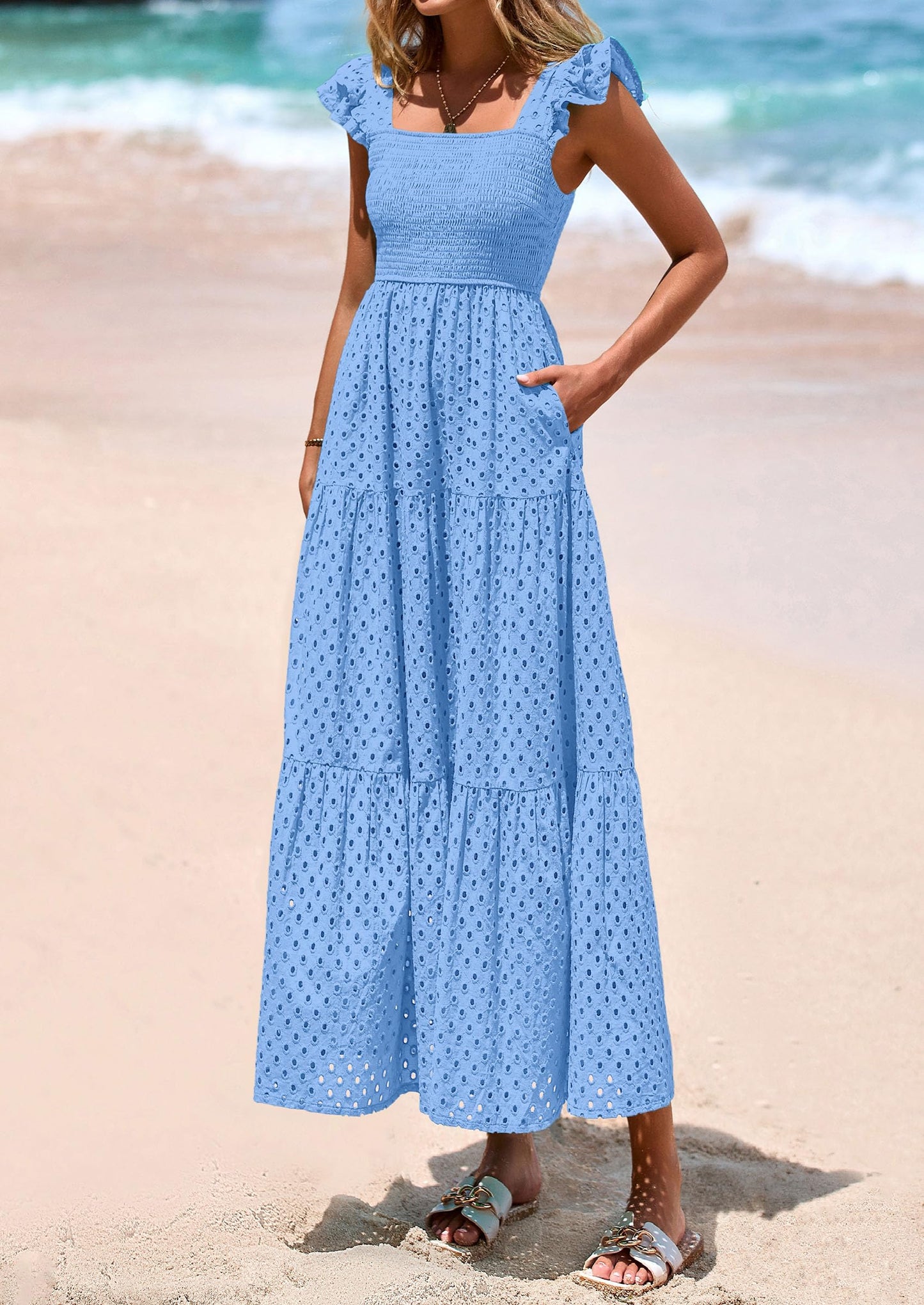 Womens Square Neck Maxi Dresses Cap Sleeve Eyelet Smocked Tiered A Line Flowy Long Dress with Pockets