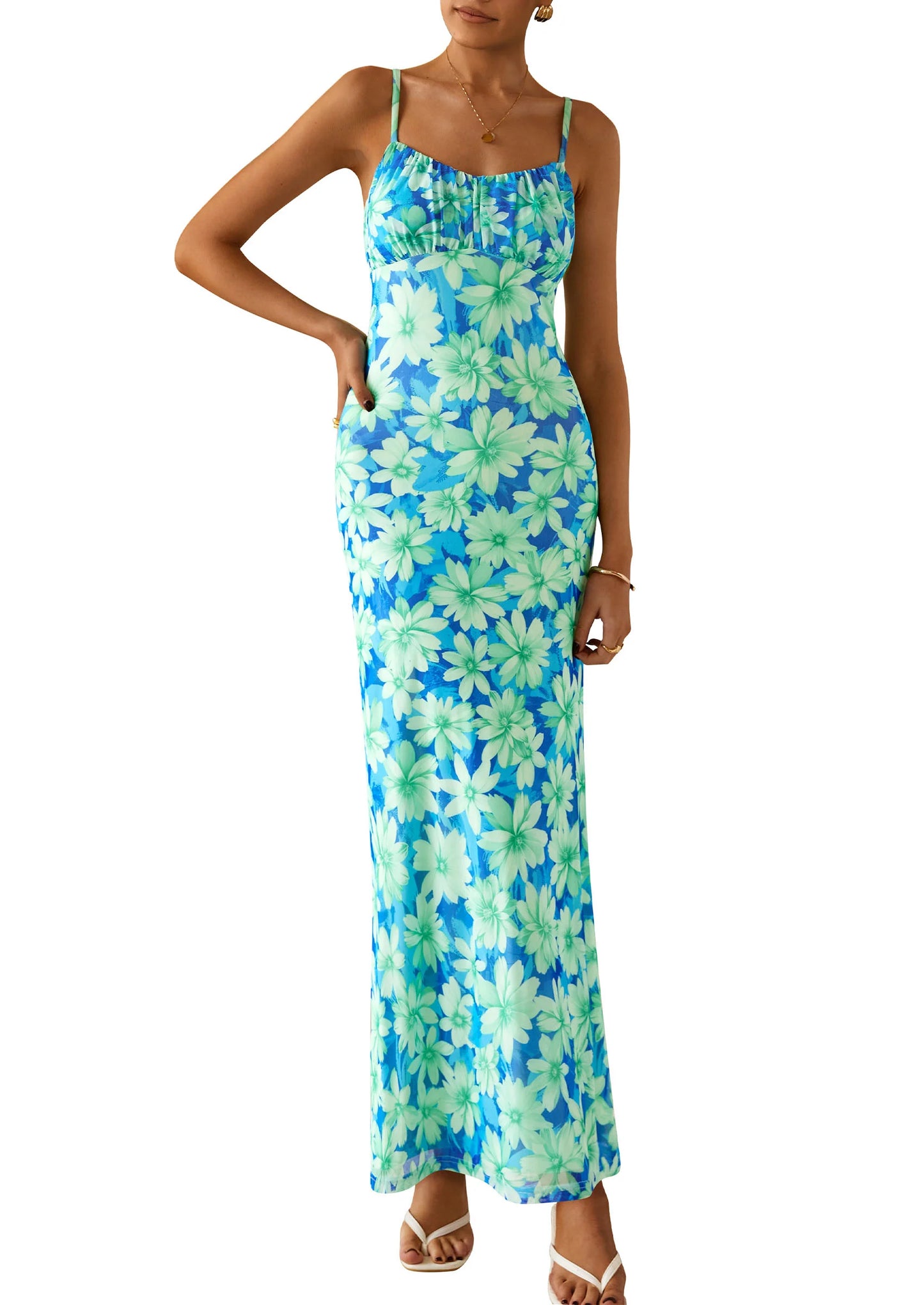Women's Bodycon Maxi Dress Floral Sundress Sleeveless Spaghetti Strap Cocktail Party Dress