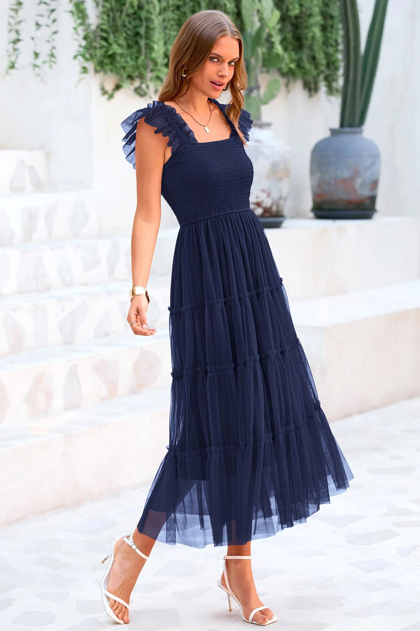 Women's Tulle Midi Dress Sleeveless Smocked Ruffle Mesh Flowy Dresses Party Wedding Guest Sundress