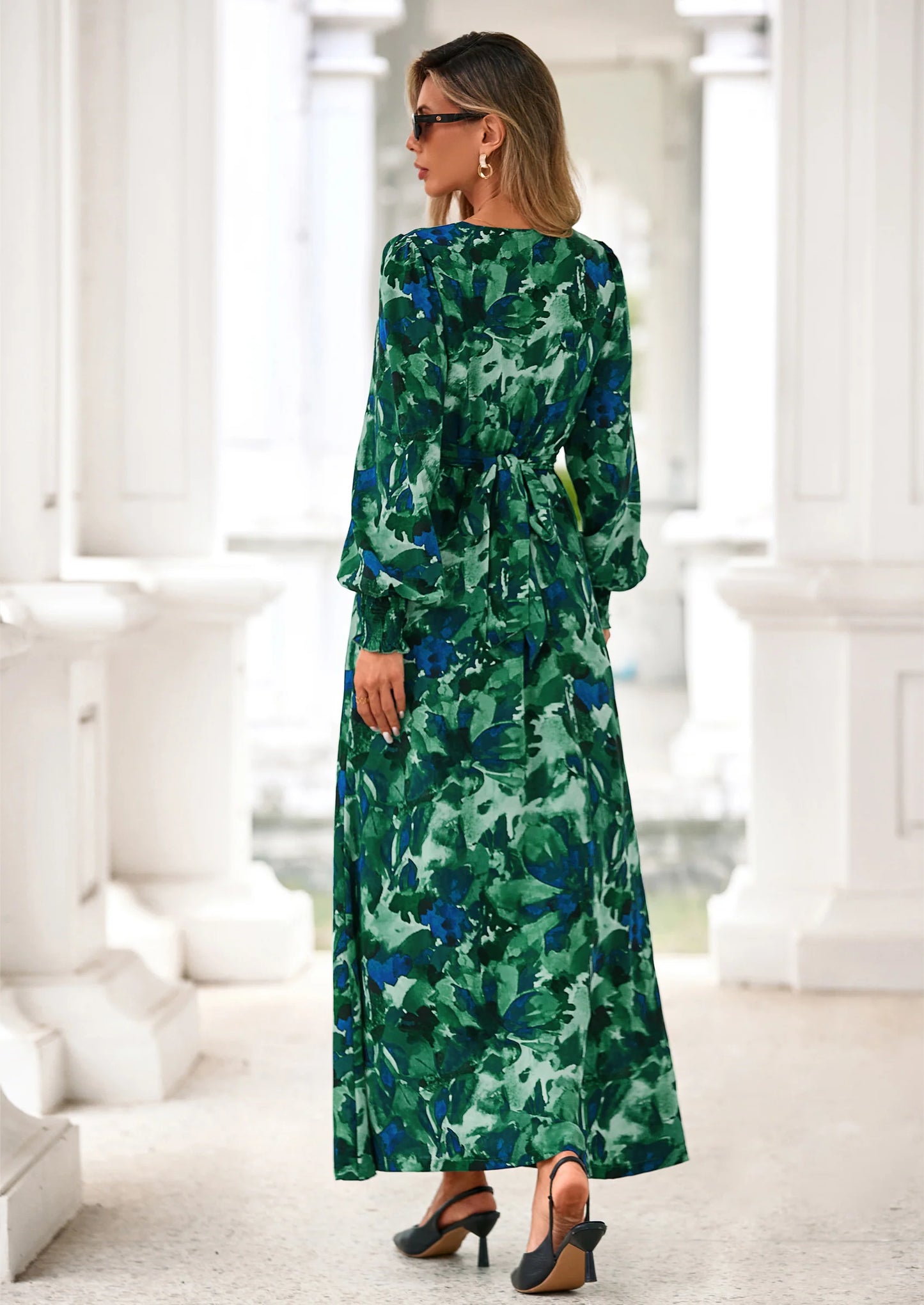 Women's Fall Boho Maxi Dress Floral Long Sleeve V Neck Flowy Belted Elegant Holiday Party Dresses
