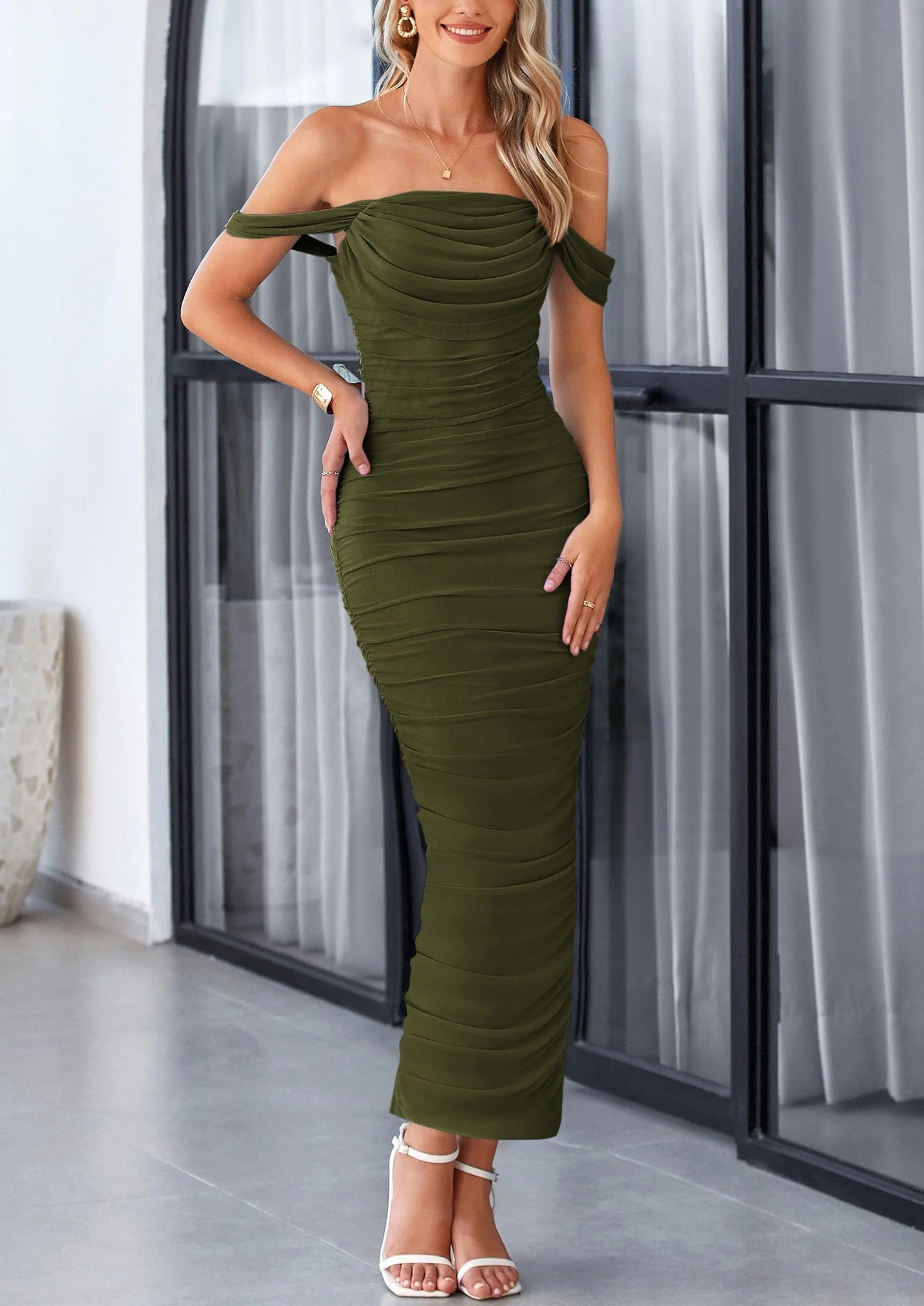 Womens Off The Shoulder Dress Ruched Bodycon Sleeveless Split Cocktail Party Maxi Dresses