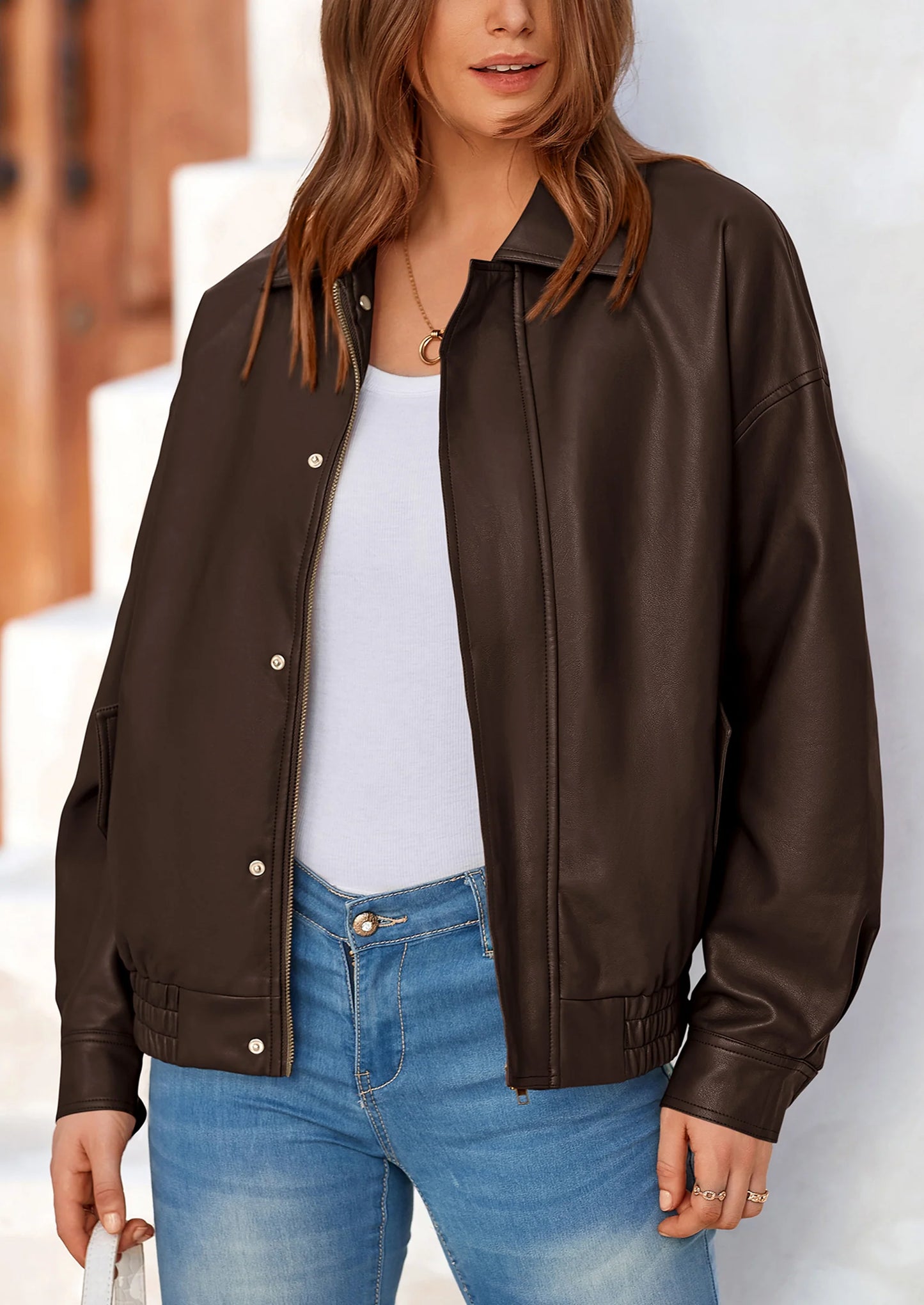 Women's Faux Leather Motorcycle Jacket Trendy Fall Spring Clothes Oversized Zip Up Winter Coat Outerwear