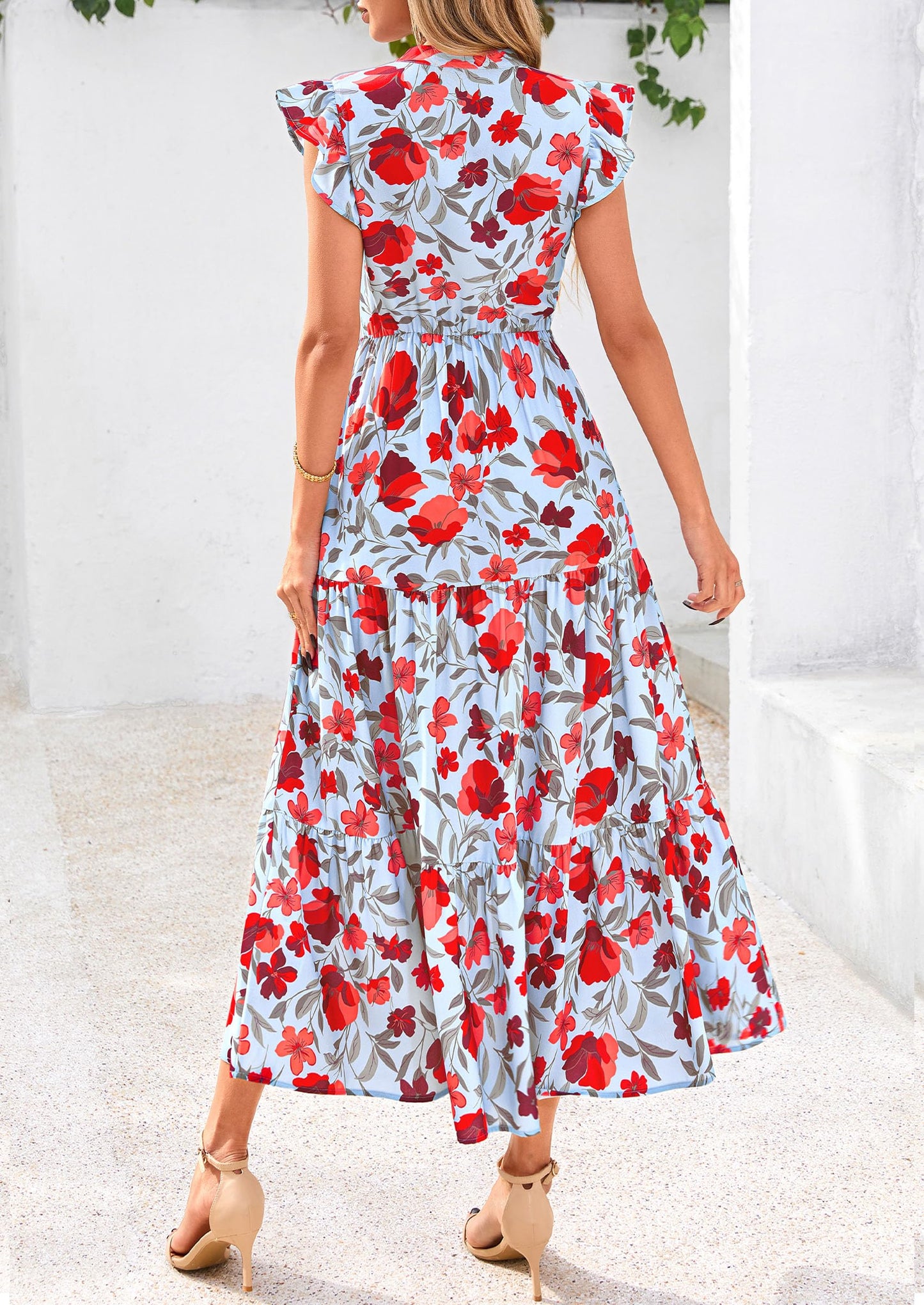 Women's Summer Floral Midi Dress Cap Sleeve V Neck Ruffle Long Flowy Boho Casual Beach Vacation Dresses