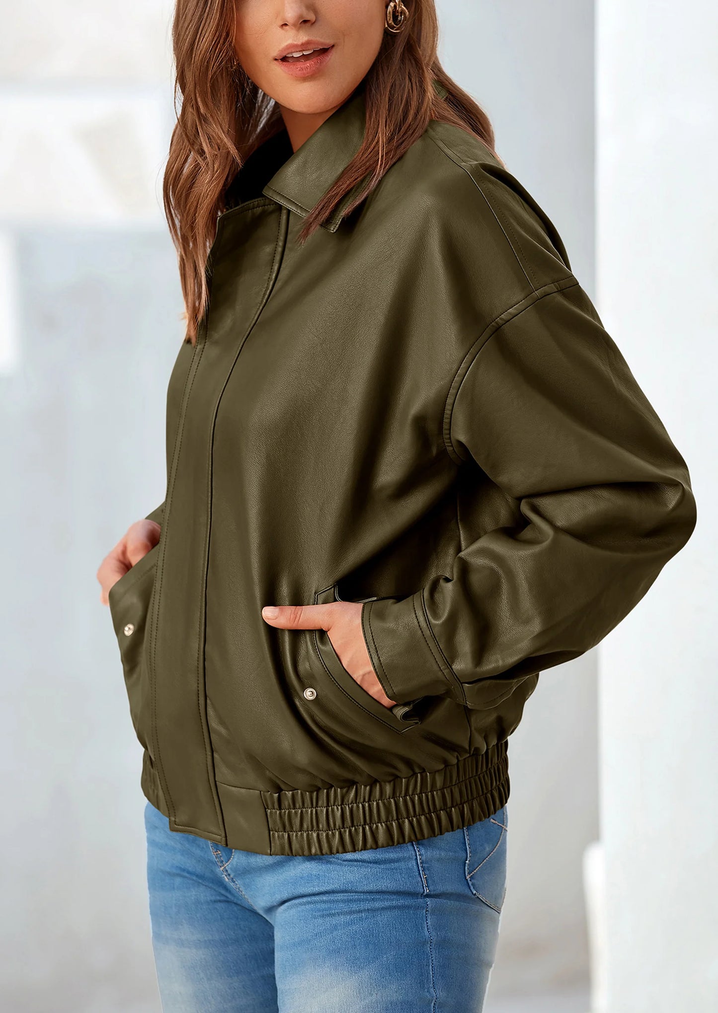 Women's Faux Leather Motorcycle Jacket Trendy Fall Spring Clothes Oversized Zip Up Winter Coat Outerwear