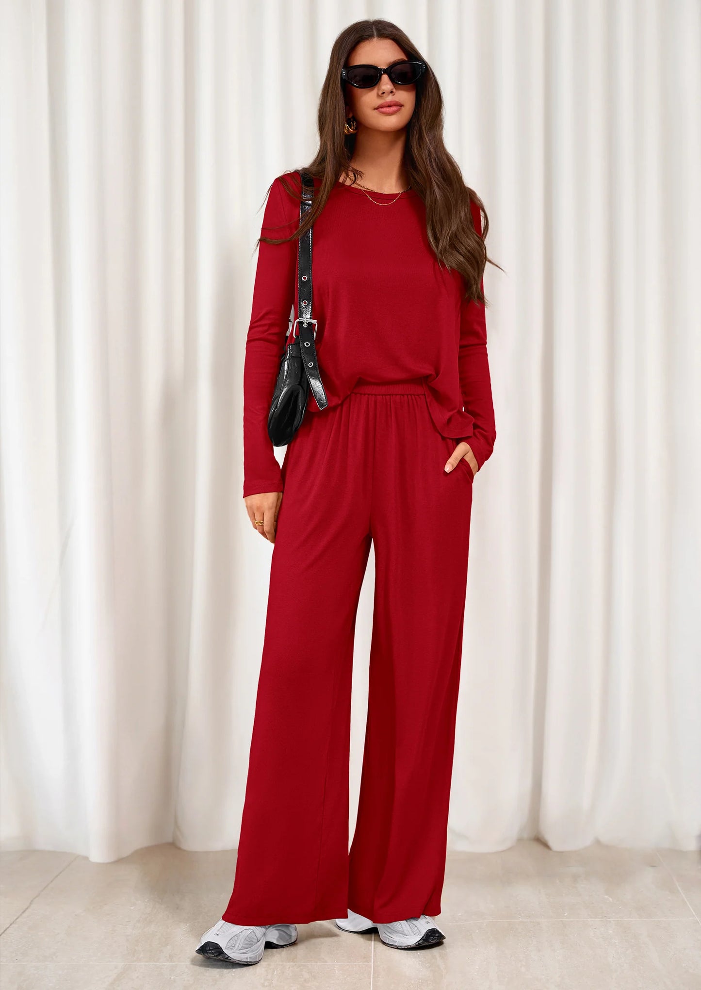 Women's 2 Piece Fall Sets  Casual Long Sleeve Shirts Wide Leg Pants Lounge Travel Outfits Fashion Clothing