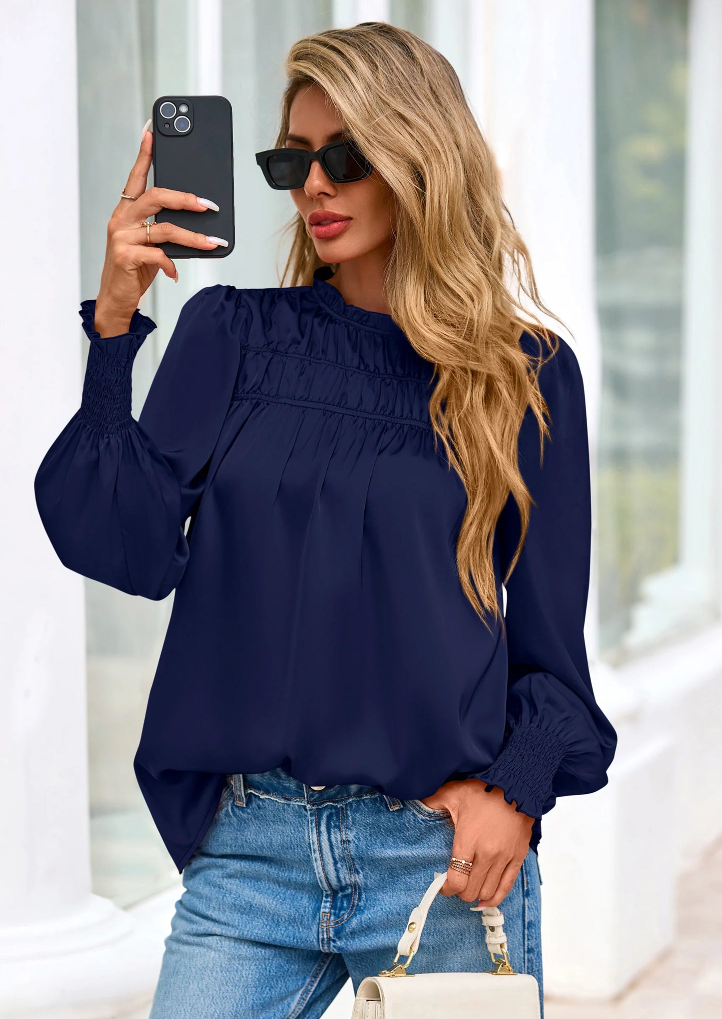 Blouses for Women Dressy Casual Fall Outfits Frill Neck Long Sleeve Shirts Satin Work Business Casual Tops