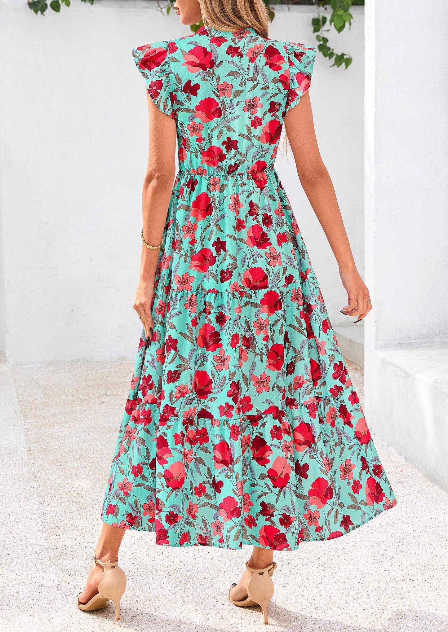 Women's Summer Floral Midi Dress Cap Sleeve V Neck Ruffle Long Flowy Boho Casual Beach Vacation Dresses