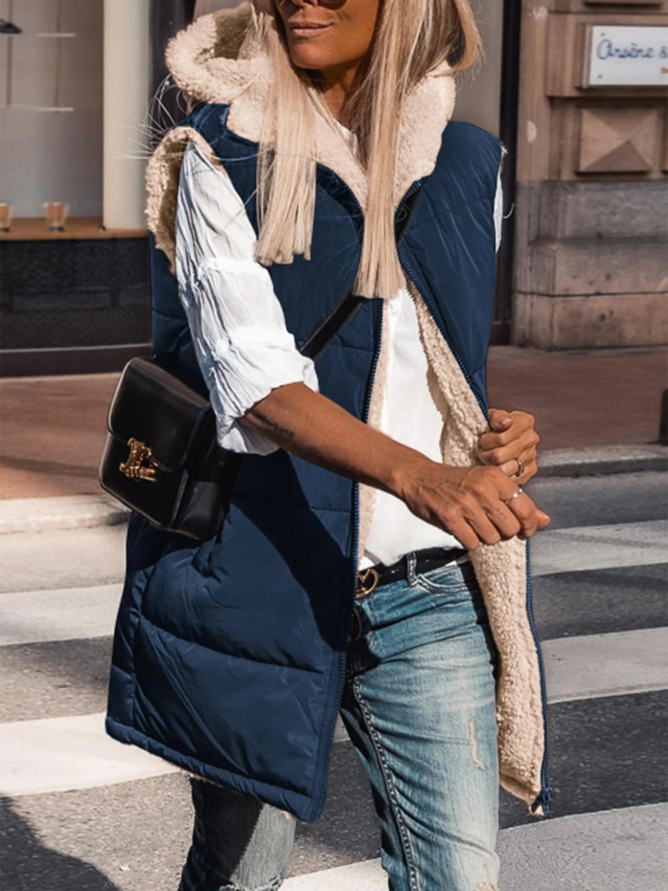 Womens Fall Reversible Vests Sleeveless Fleece Jacket Zip Up Hoodie Pockets Long Warm Winter Coat Outerwear