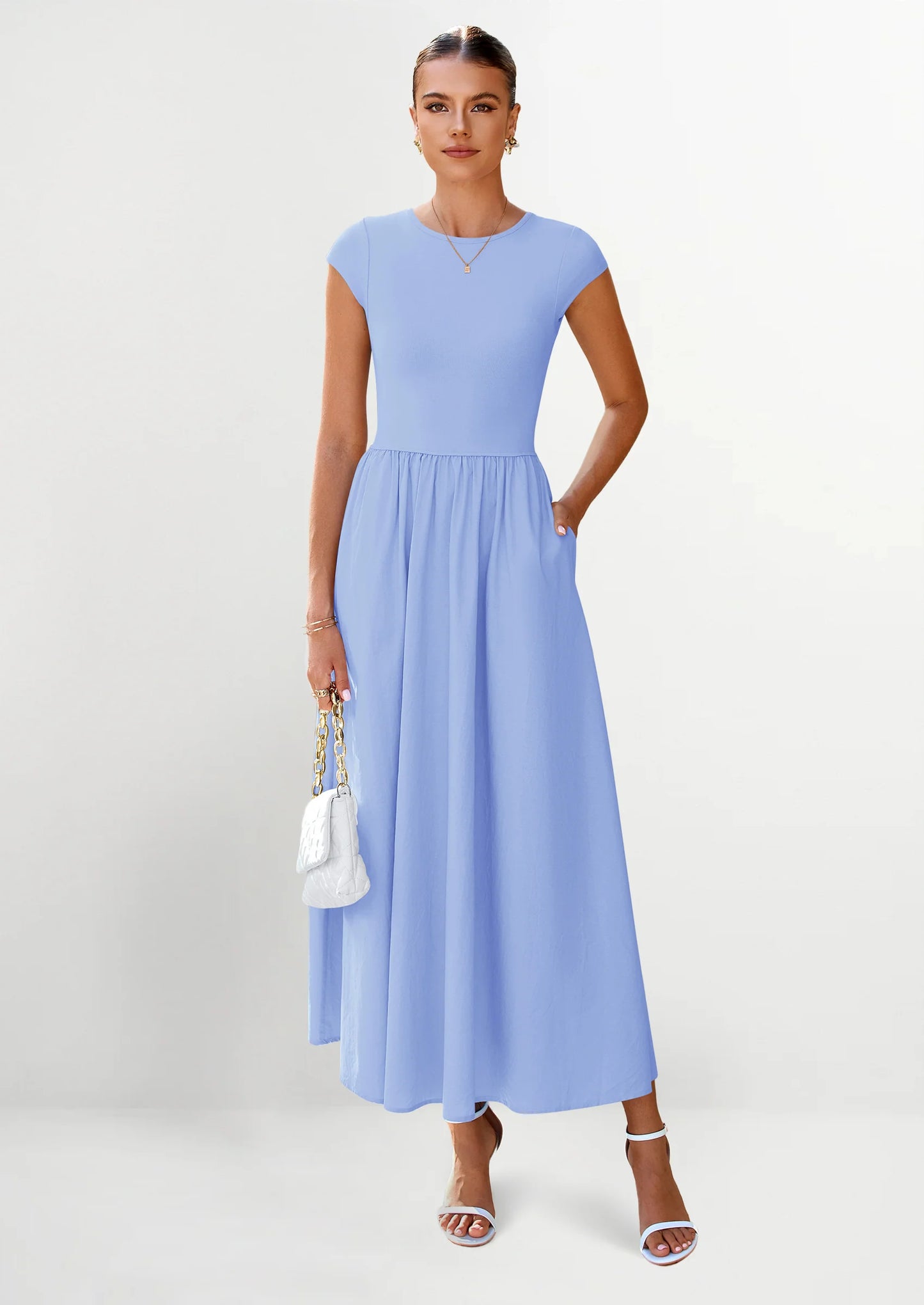 Women's Casual Long Dresses Cap Sleeve Patchwork A Line Flowy Modest Elegant Homecoming Maxi Dress