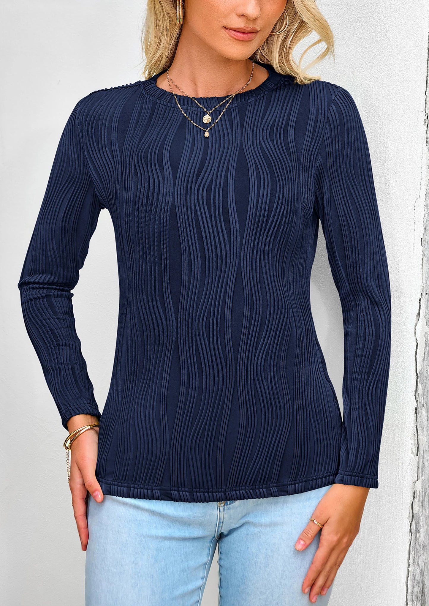 Long Sleeve Tops for Women Spring Fall Trendy Business Dressy Casual Shirts Crewneck Textured Blouse