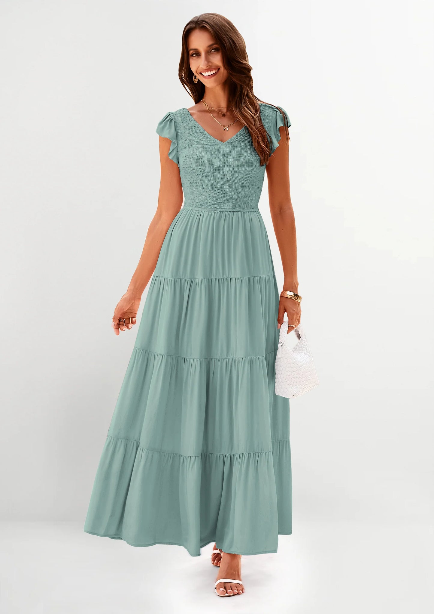 Women's Flowy Maxi Dress Casual Cap Sleeve V Neck Smocked Beach Sundress