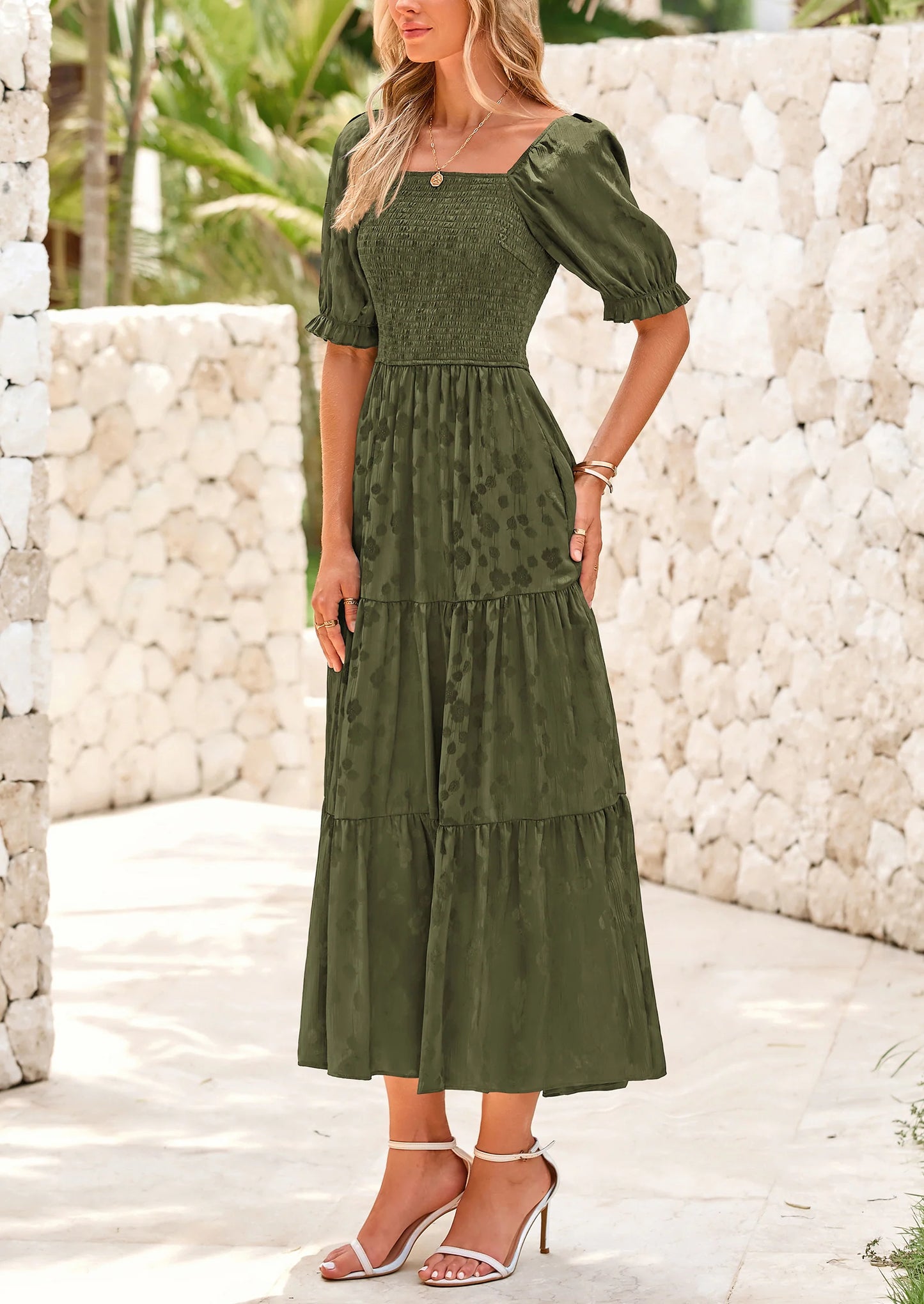 Women's Casual Midi Dresses Square Neck Short Sleeve Smocked A Line Floral Flowy Elegant Boho Dress