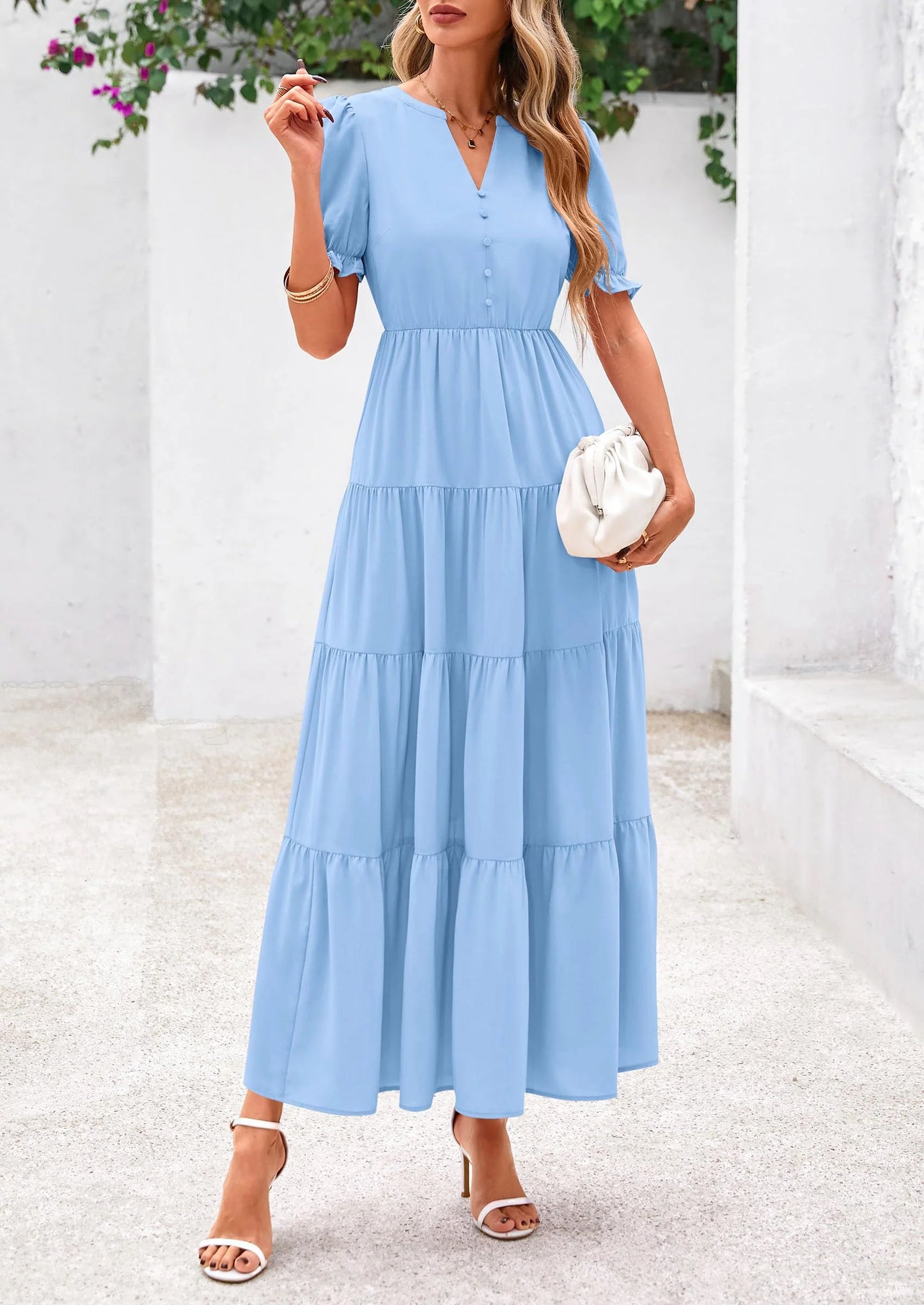 Women's Casual Short Sleeve V Neck Midi Dresses Spring A-line Tiered Wedding Guest Dress
