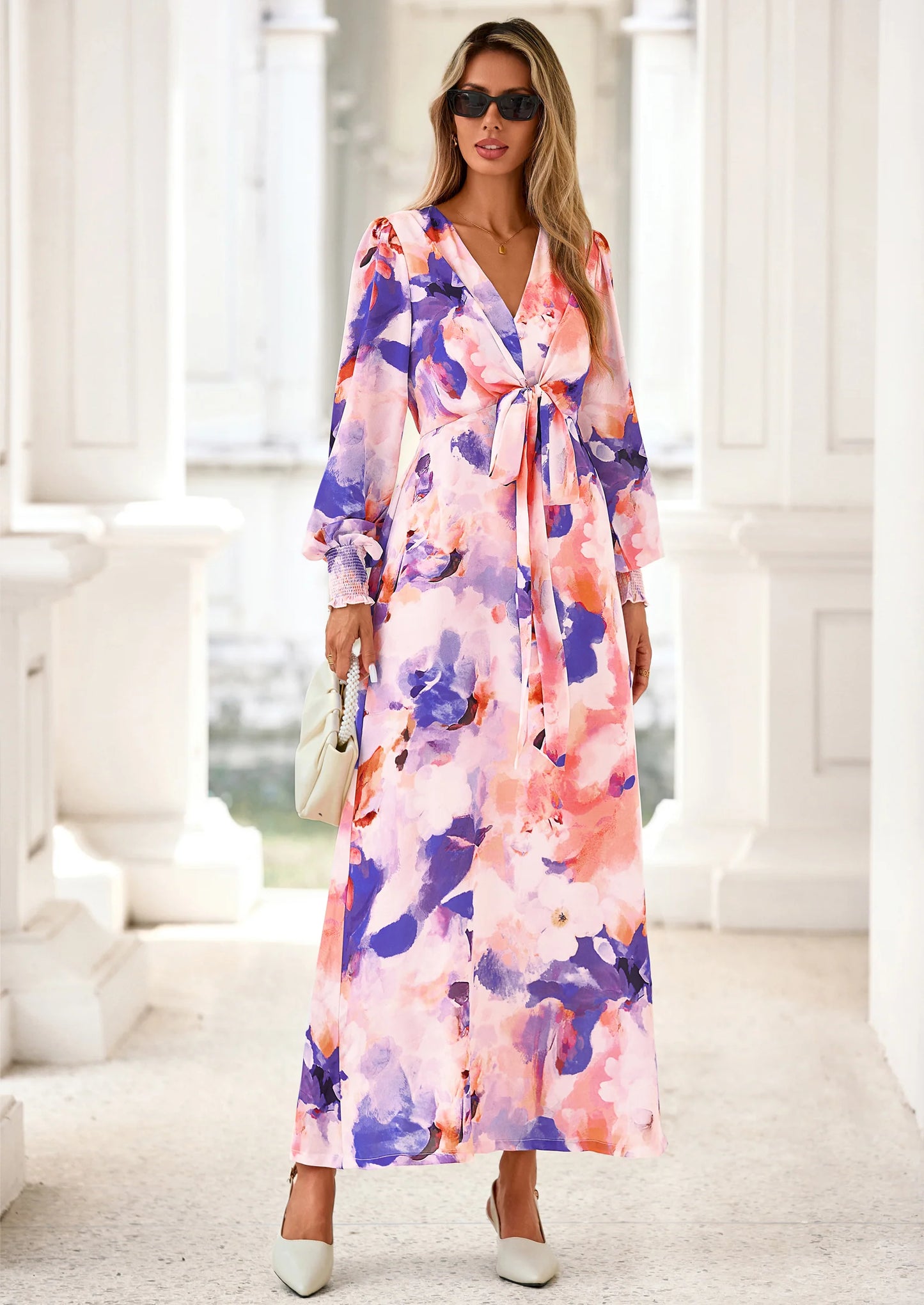Women's Fall Boho Maxi Dress Floral Long Sleeve V Neck Flowy Belted Elegant Holiday Party Dresses