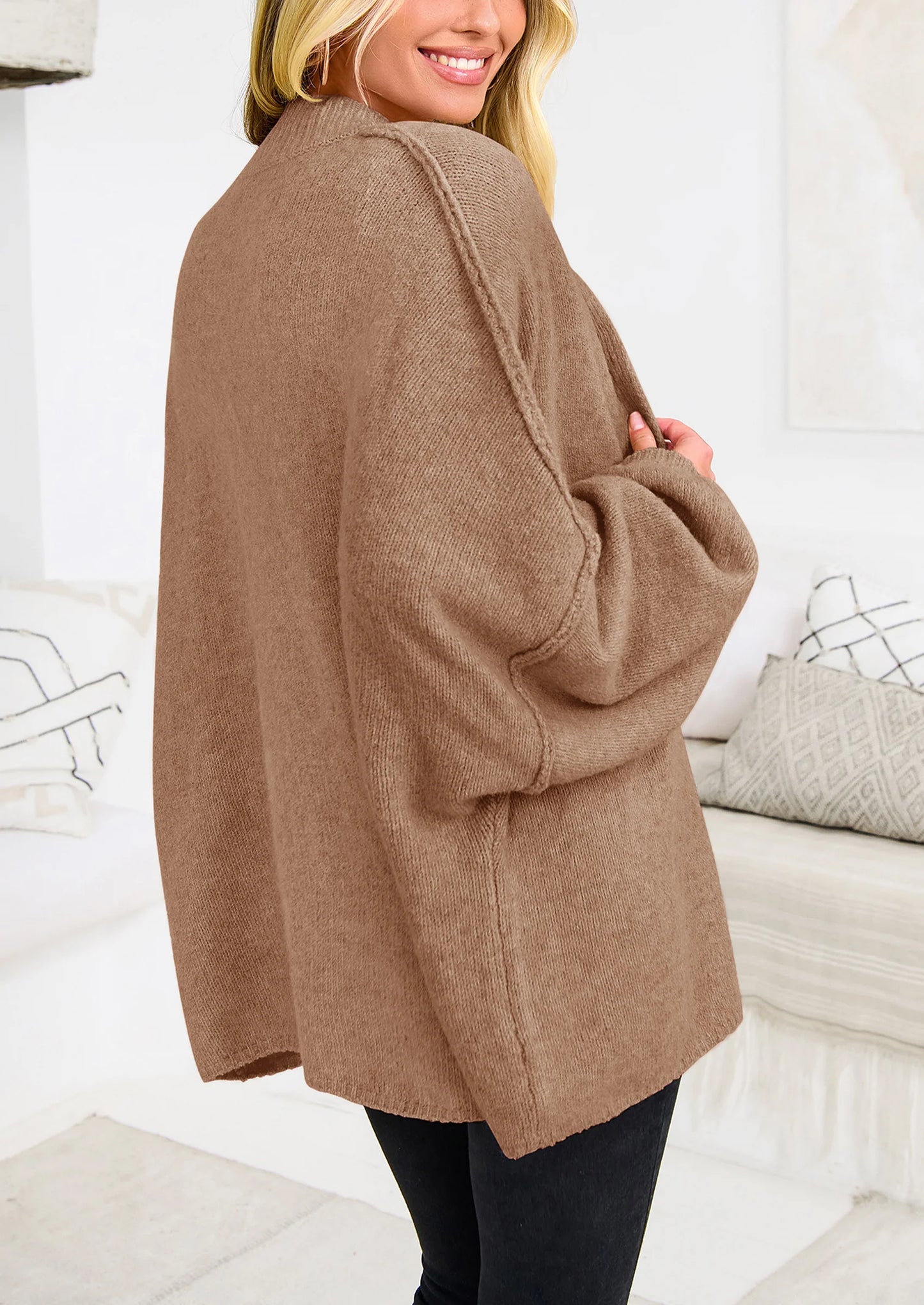 Women's Winter Button Down Cardigan Sweaters Mock Neck Lantern Long Sleeve Chunky Knit Jacket Trendy Outerwear