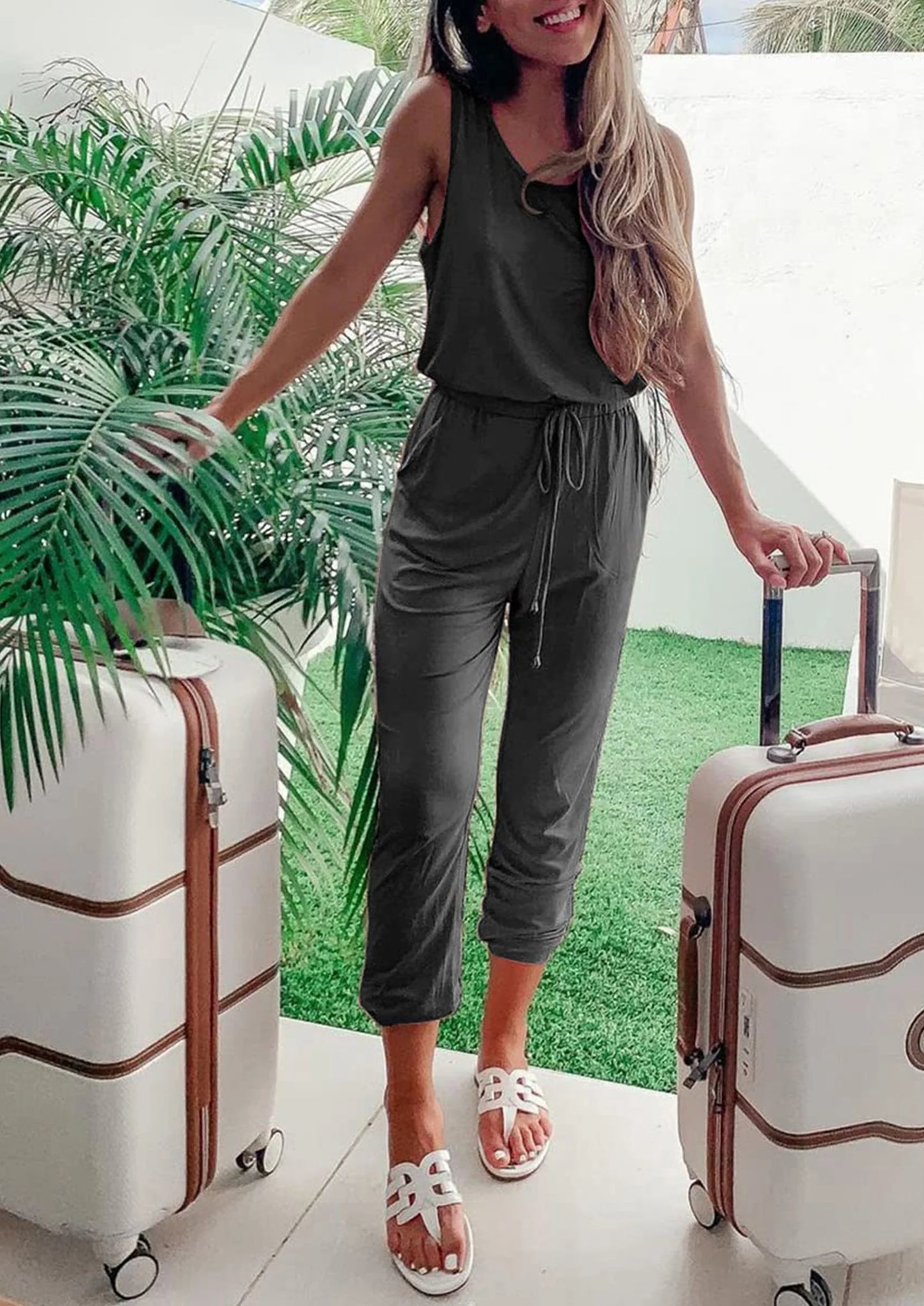 Two Piece Outfit Sets Casual Sleeveless Crewneck Tops and Sweatpants