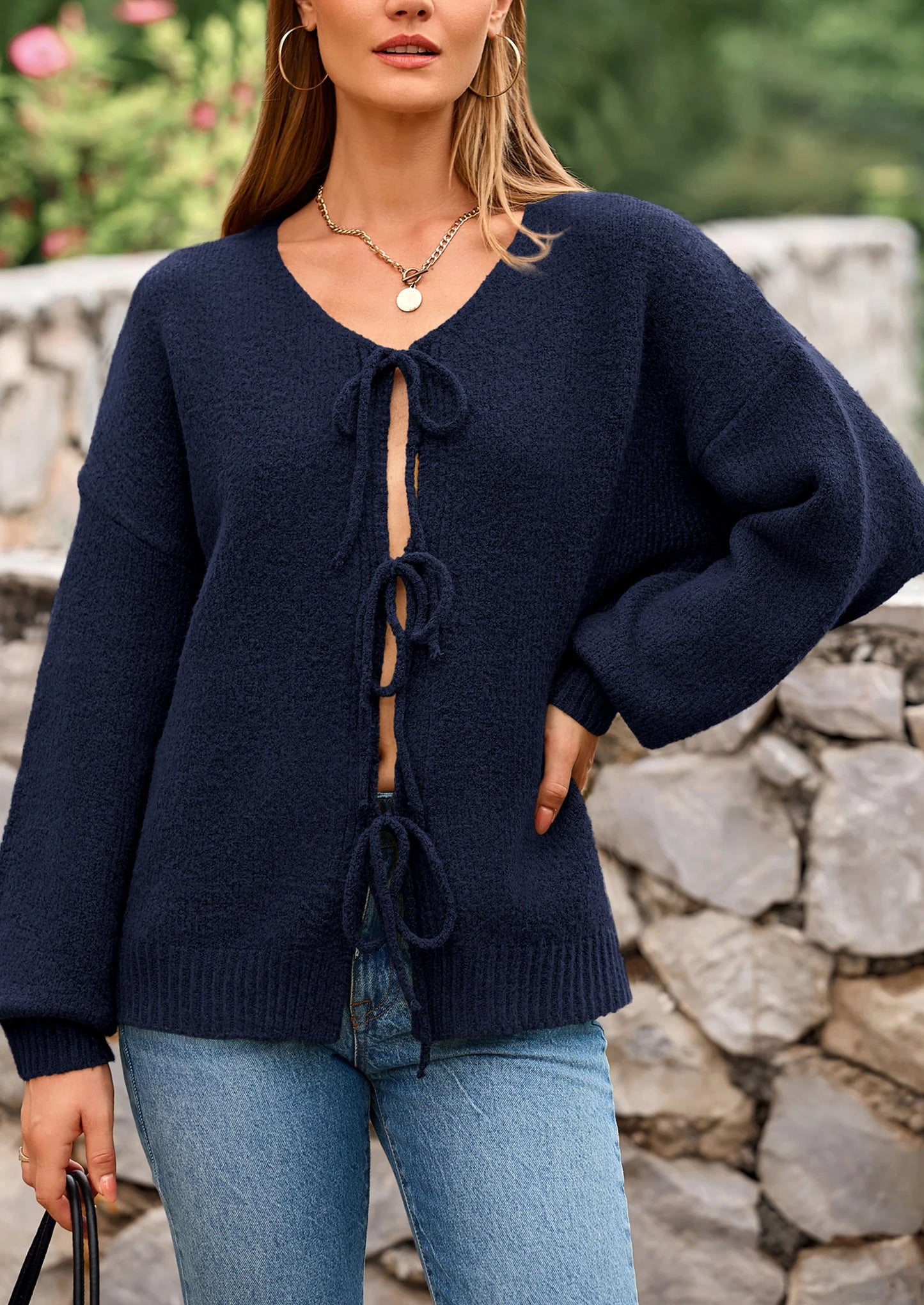 Women's Tie Front Bow Cardigan Sweaters Chunky Knit Long Puff Sleeve Trendy Fall Winter Jacket Coats