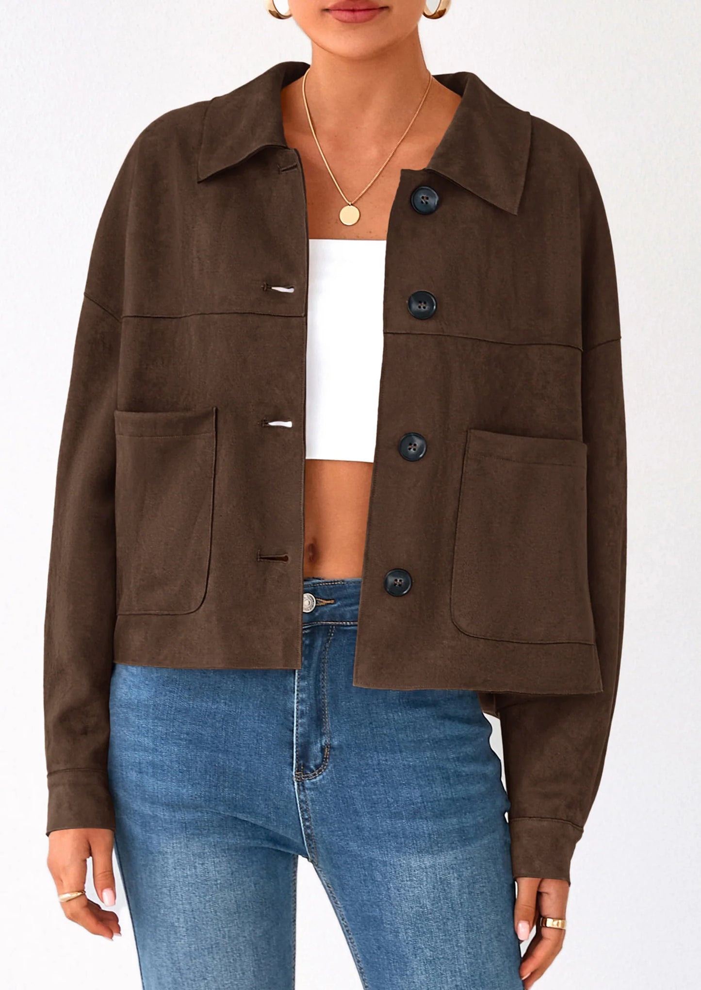Women's Faux Suede Cropped Jacket Casual Lightweight Fall Fashion Winter Coats Outerwear Trendy Clothes