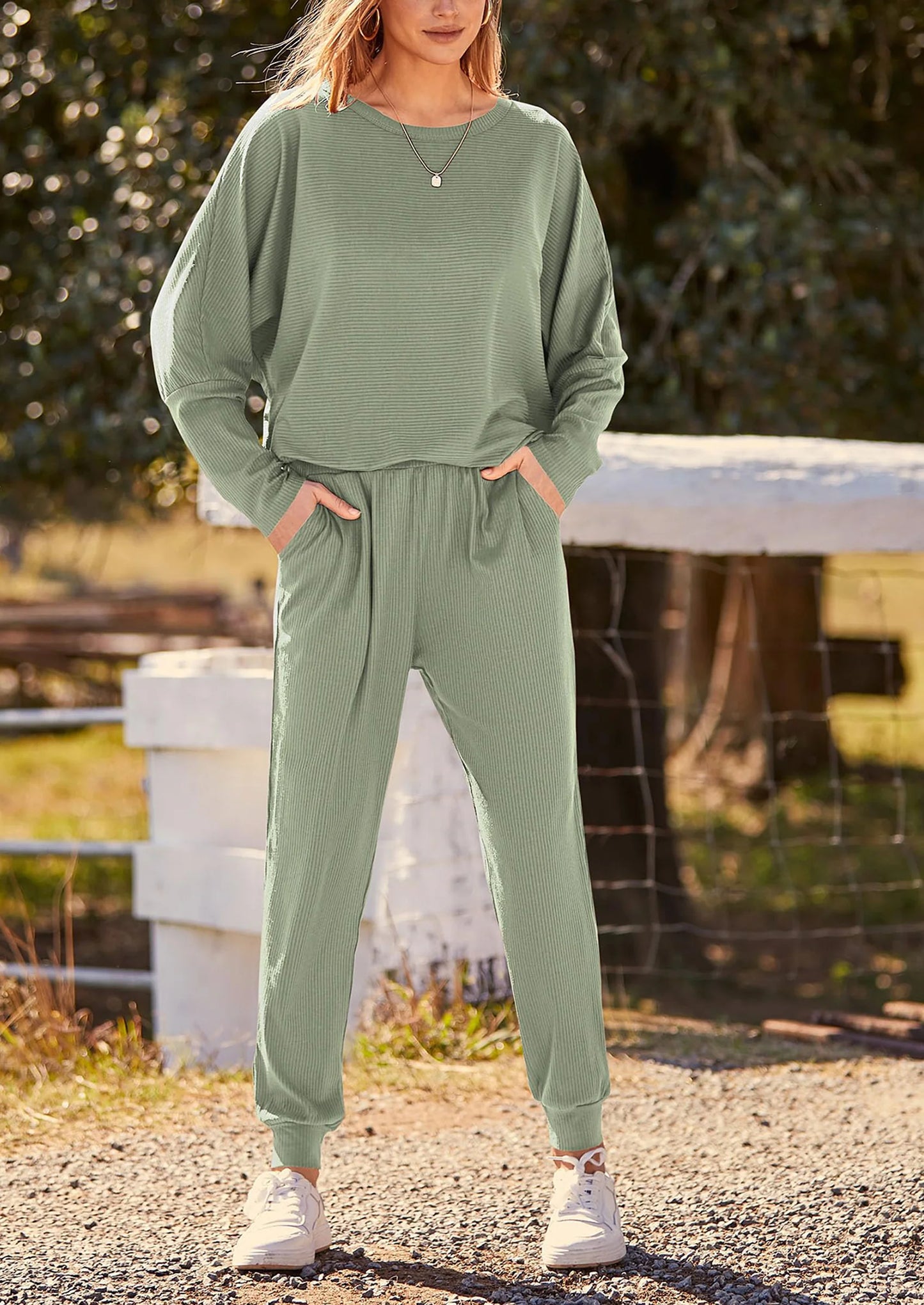 Women's Fall 2 Piece Lounge Set Long Sleeve Tops Ribbed Pants Spring Matching Sweatsuit Travel Outfits Clothes
