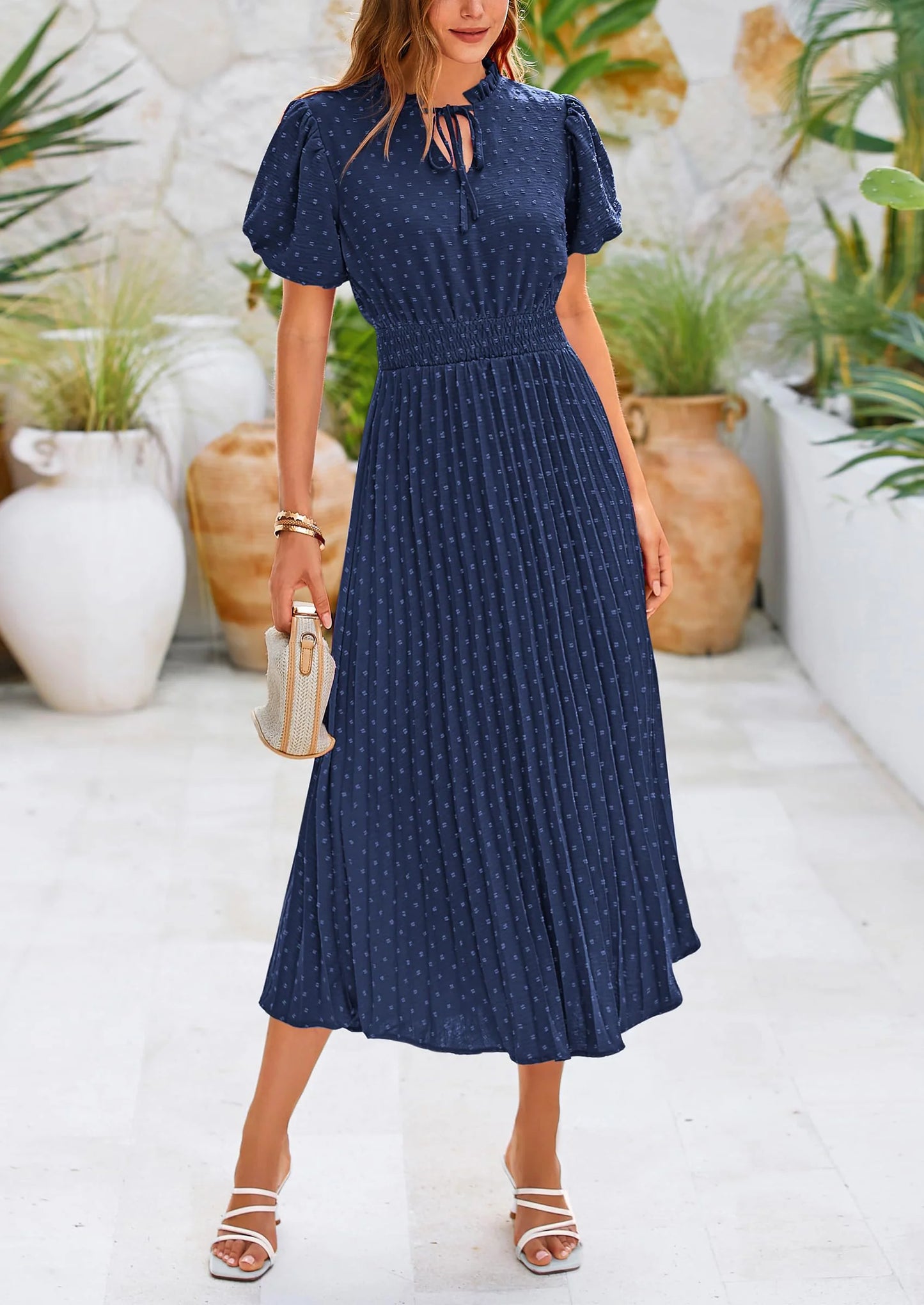 Womens Midi Dresses Puff Short Sleeve V Neck Swiss Dot Pleated A Line Flowy Long Wedding Guest Dress