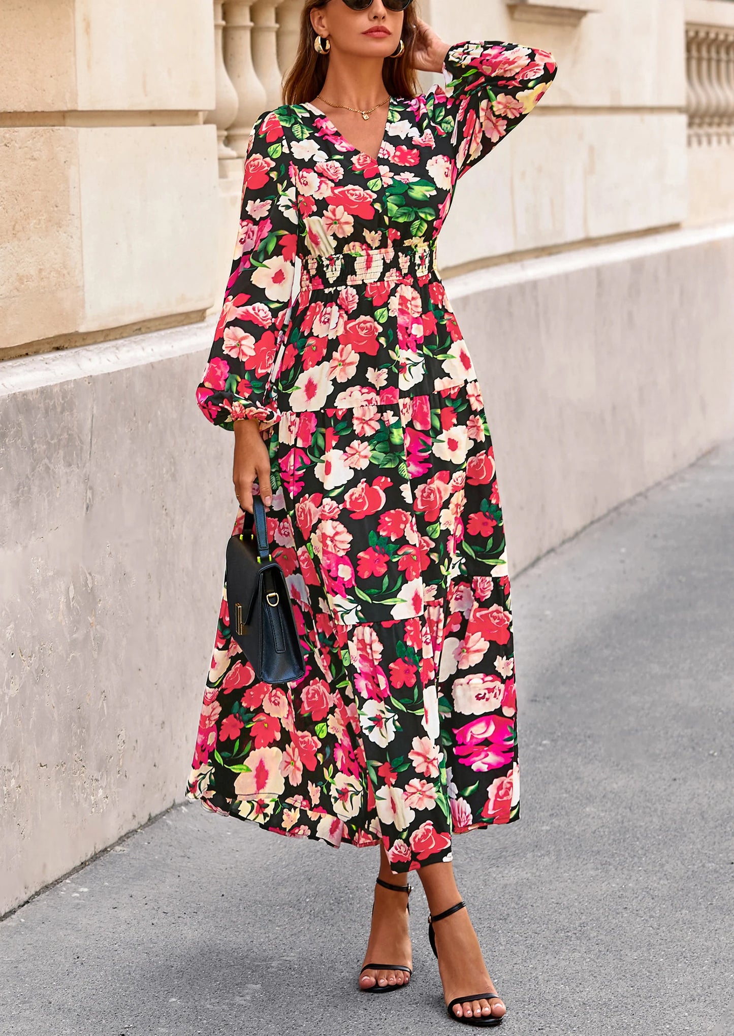 Long Sleeve Maxi Fall Dresses for Women Vneck Smocked Boho Floral Tiered Swing Flowy Wedding Guest Dress