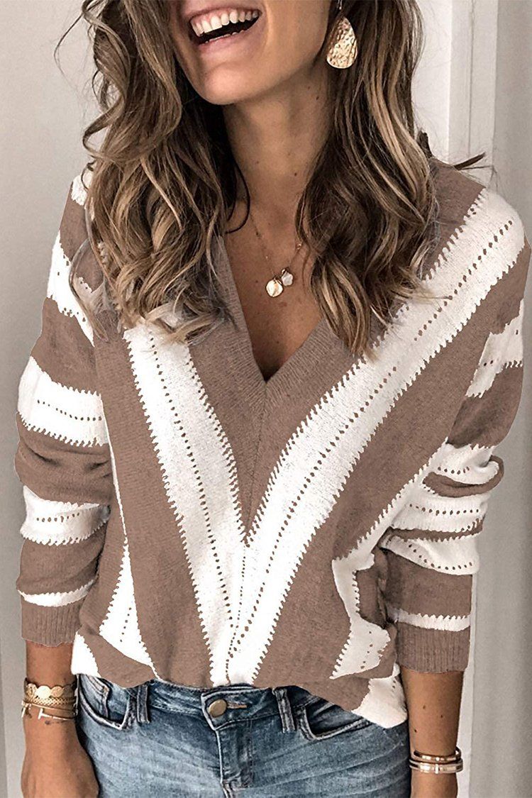 Women's Fashion Long Sleeve Striped Color Block Knitted Sweater Crew Neck Loose Pullover Jumper Tops