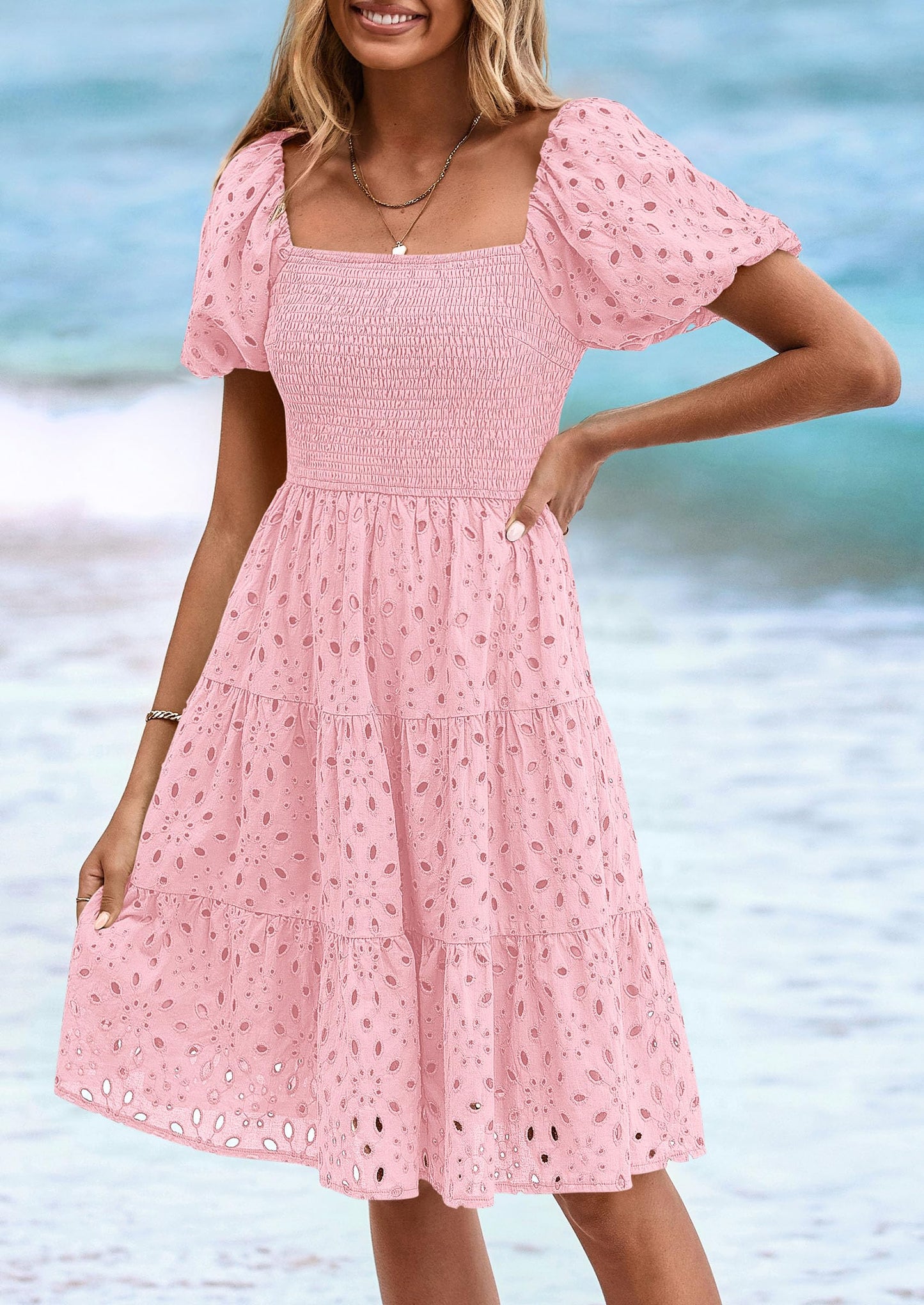 Womens Summer Puff Sleeve Mini Dress Off Shoulder Eyelet Smocked A Line Casual Babydoll Short Dresses