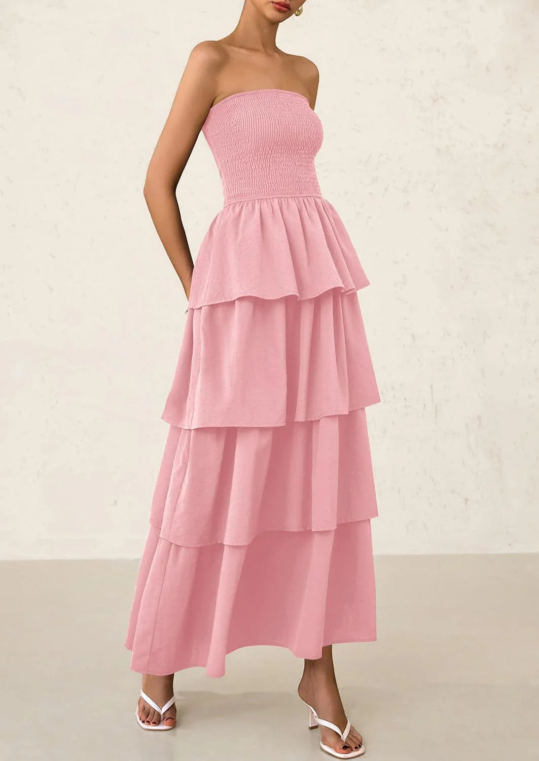 Maxi Dresses for Women Off Shoulder Smocked Tiered Ruffle Long Flowy Wedding Guest Dress