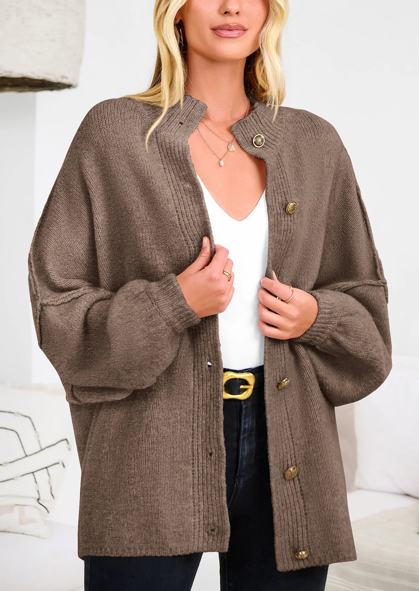 Women's Winter Button Down Cardigan Sweaters Mock Neck Lantern Long Sleeve Chunky Knit Jacket Trendy Outerwear