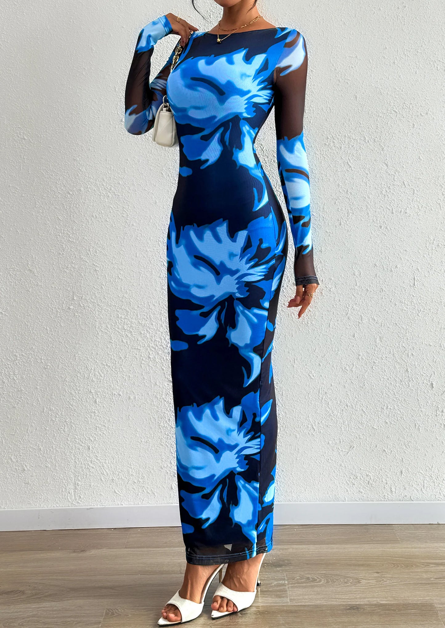 Bodycon Maxi Dress Fall Floral Long Sleeve Sexy Mesh Cocktail Wedding Guest Long Dresses