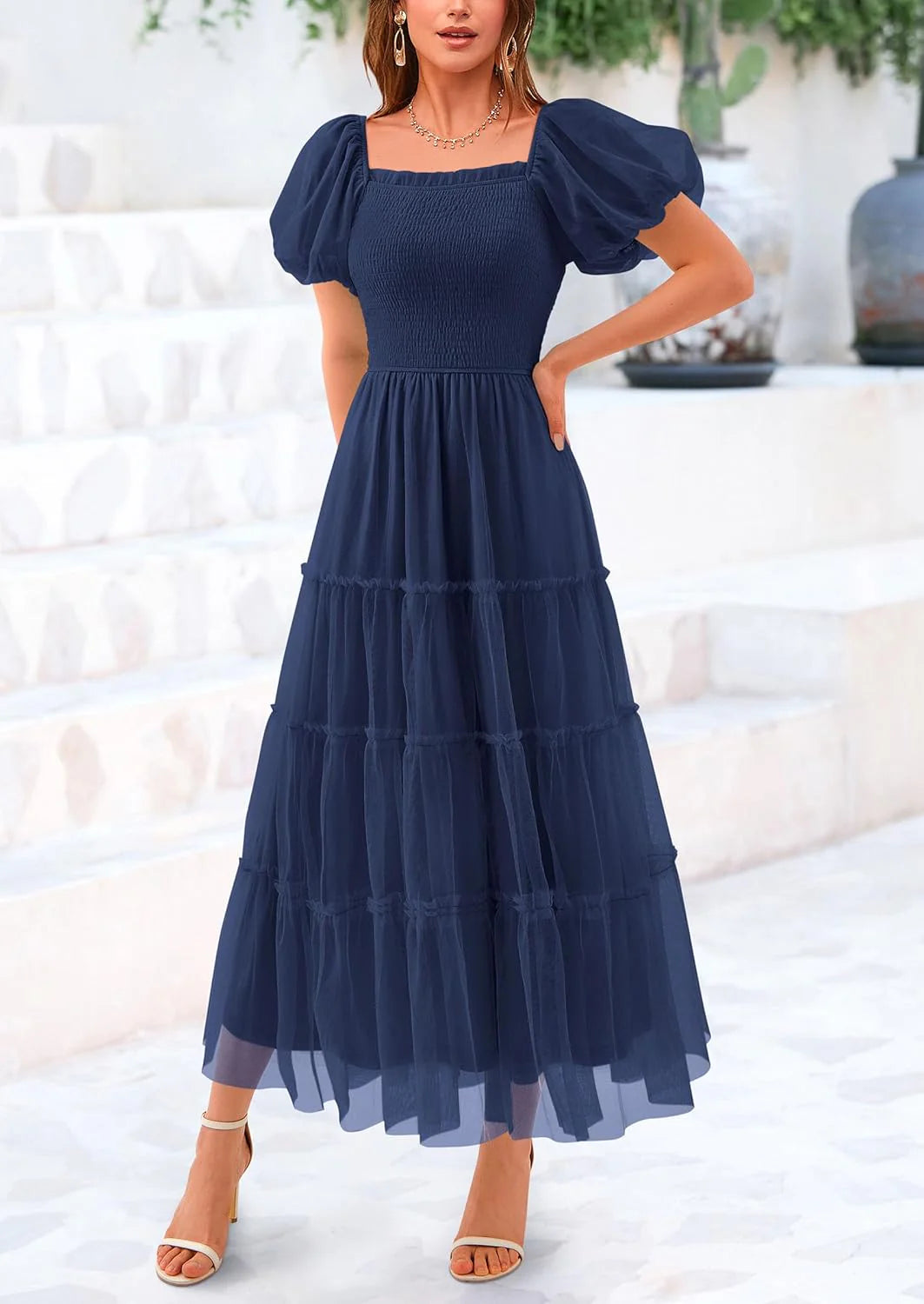 Women's Smocked Tulle Midi Dress Square Neck Puffy Short Sleeve Ruffle Wedding Guest Party Dresses