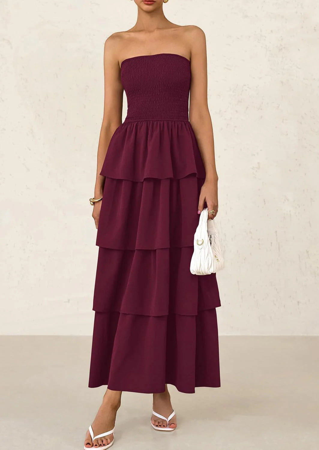 Maxi Dresses for Women Off Shoulder Smocked Tiered Ruffle Long Flowy Wedding Guest Dress