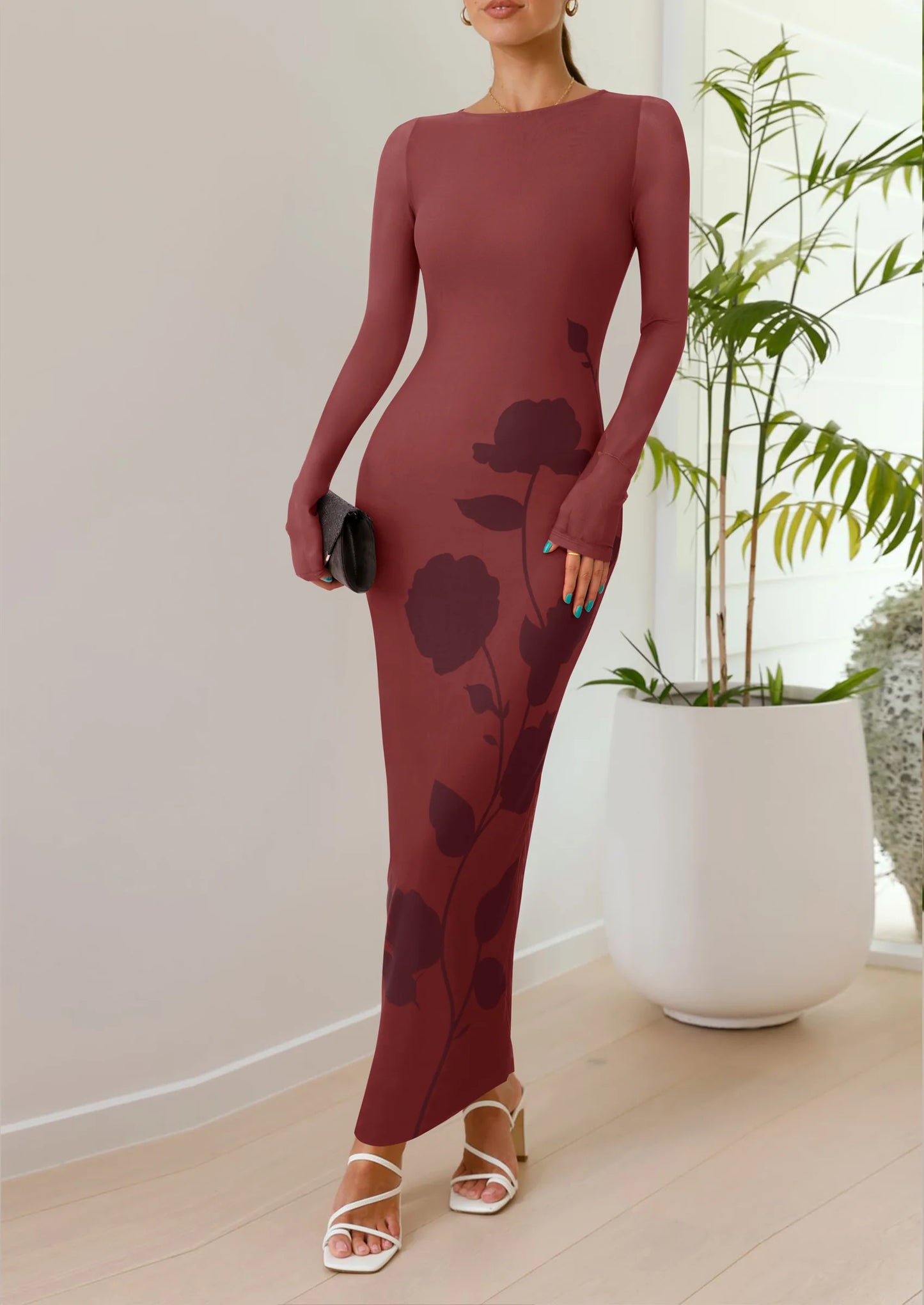 Bodycon Maxi Dress Fall Floral Long Sleeve Sexy Mesh Cocktail Wedding Guest Long Dresses