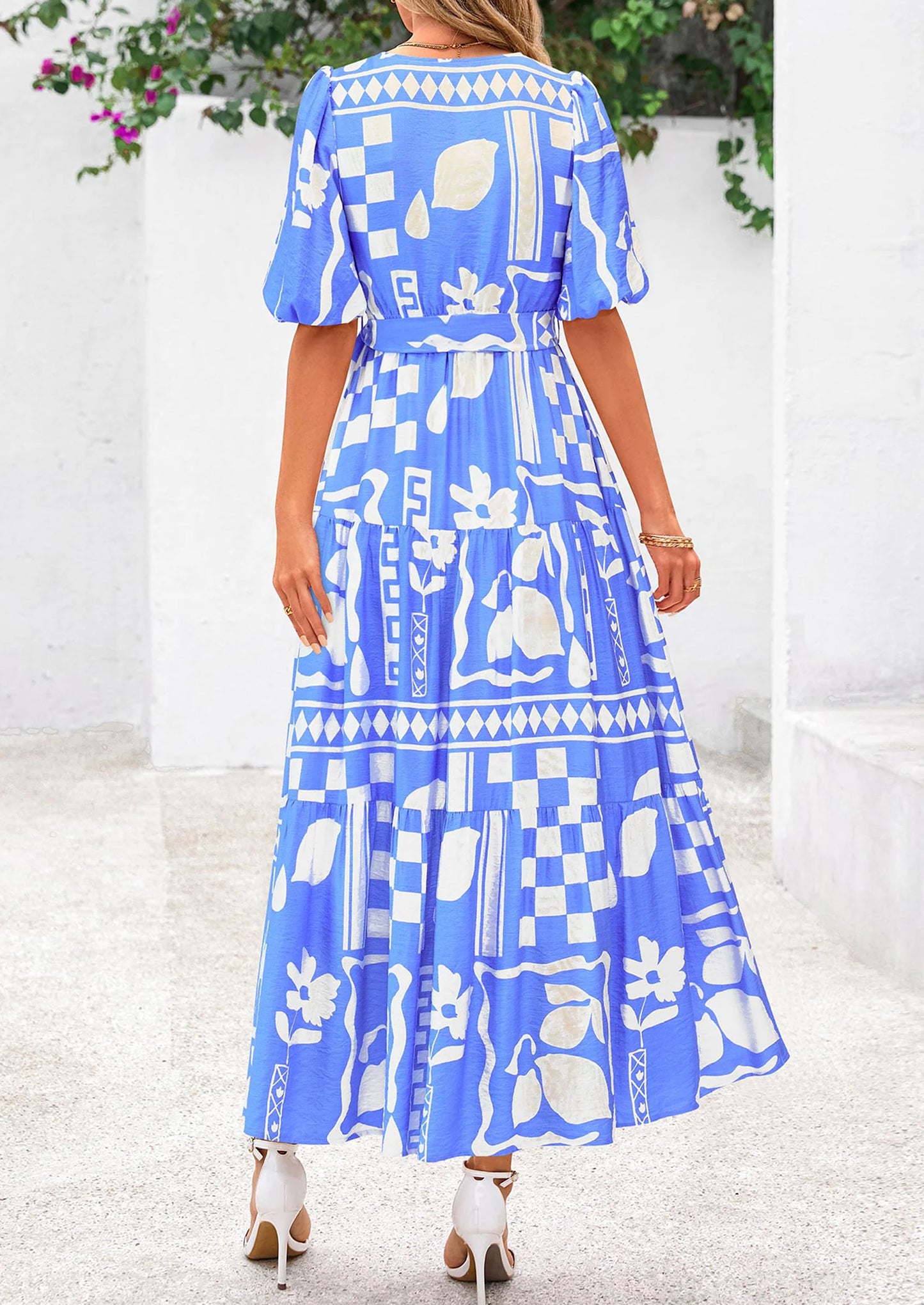 Women's Maxi Dress Resort Wear Boho Floral V Neck Puff Short Sleeve Ruffle Flowy Beach Long Dresses