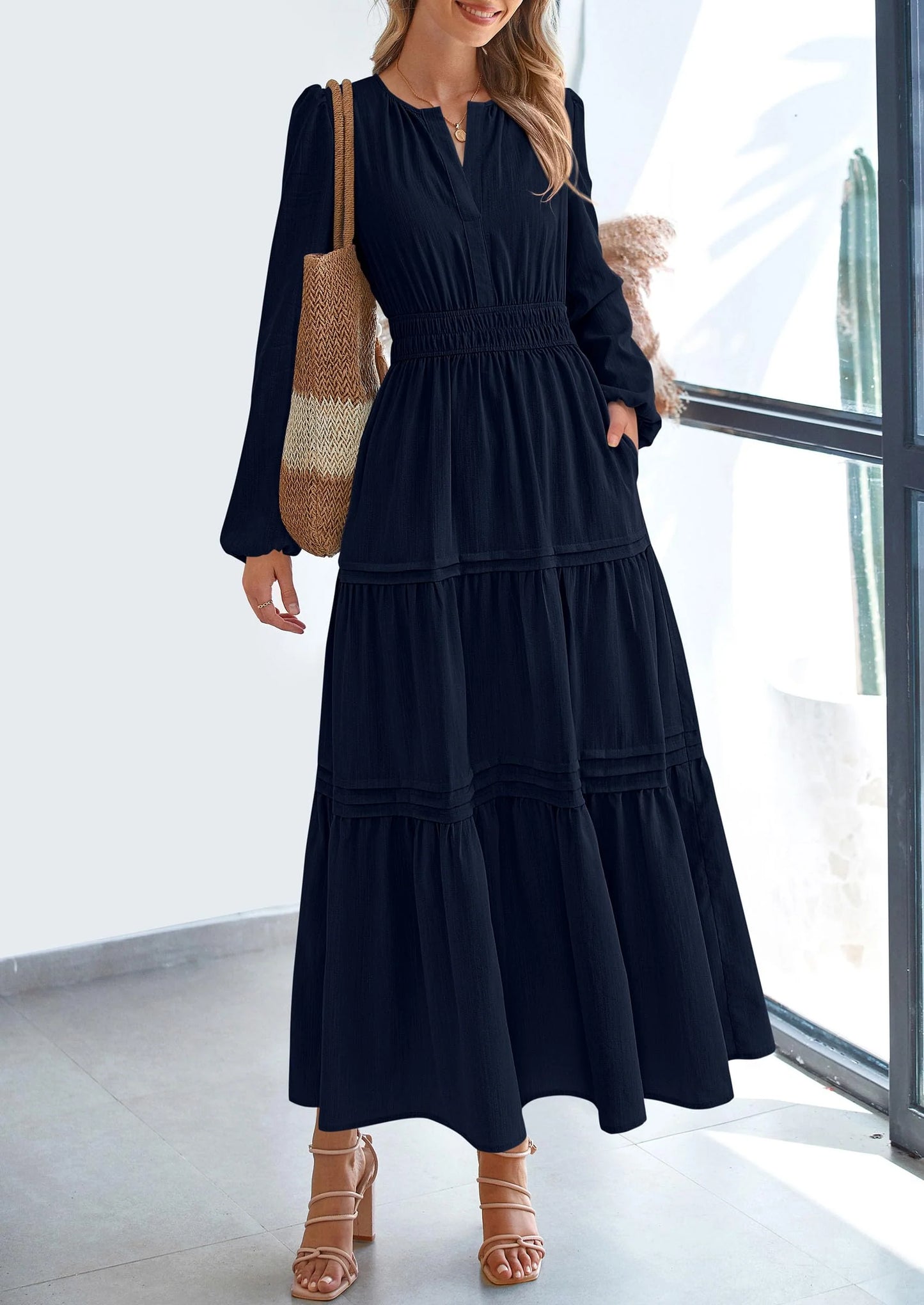 Women's Elegant Maxi Dresses Long Sleeve V Neck Flowy Pockets Casual Modest Dress Fall Fashion Clothes