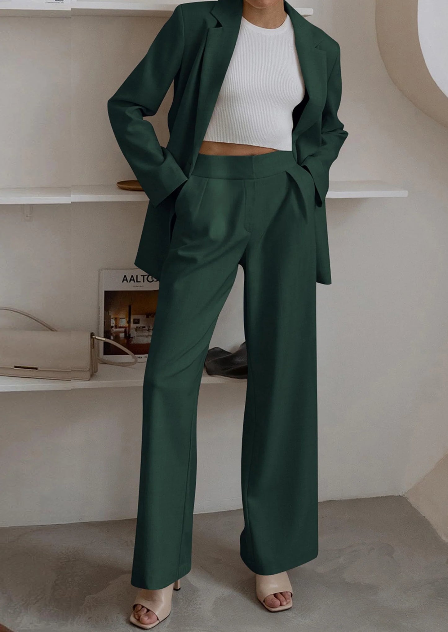 Women's Fall Two Piece Outfits Dressy Blazer Jacket and Wide Leg Pants Pockets Business Casual Office Suit Sets