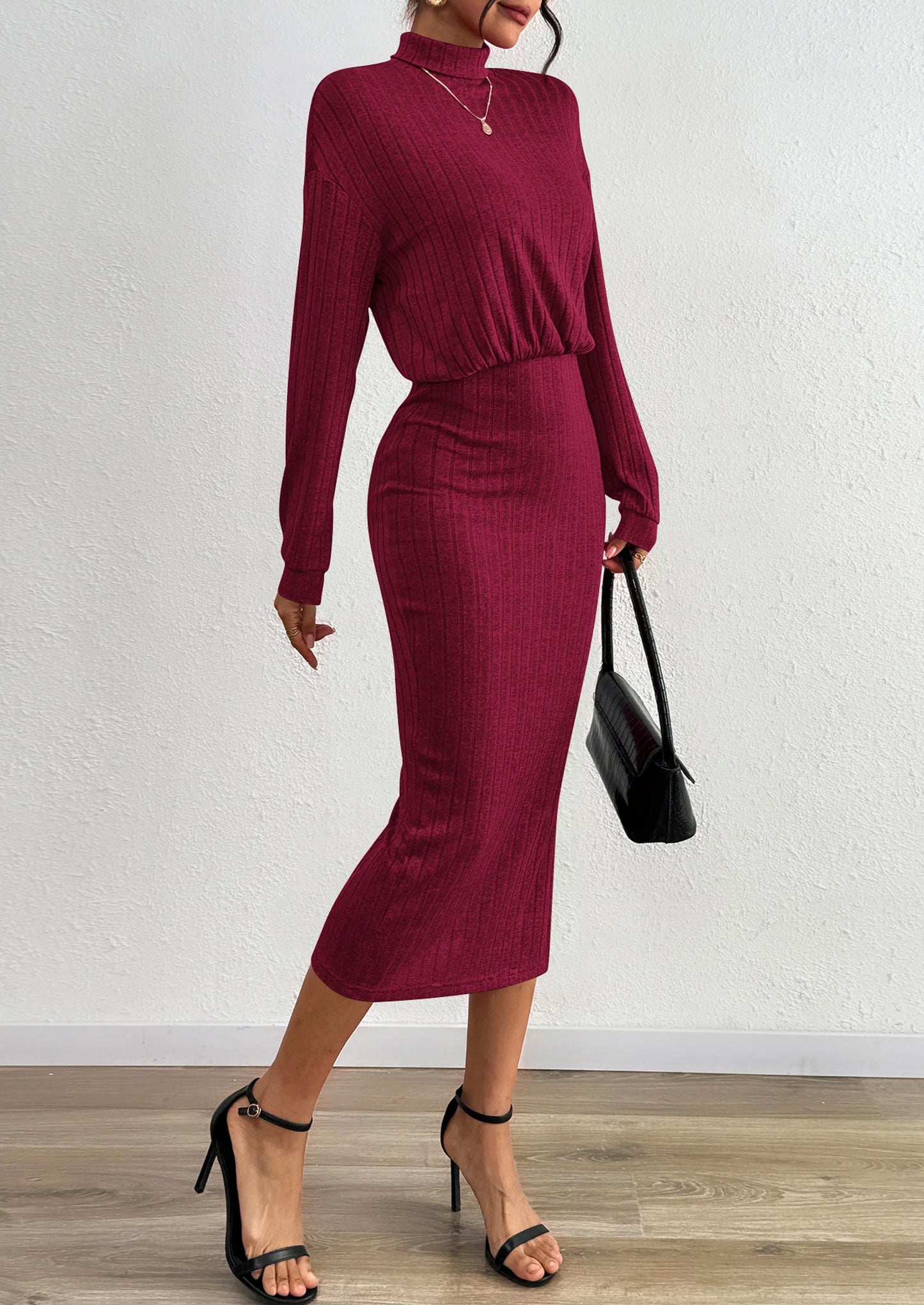 Turtle Neck Dresses for Women Fall Knit Outfits Slit Elastic Waist Long Sleeve Bodycon Midi Sweater Dress