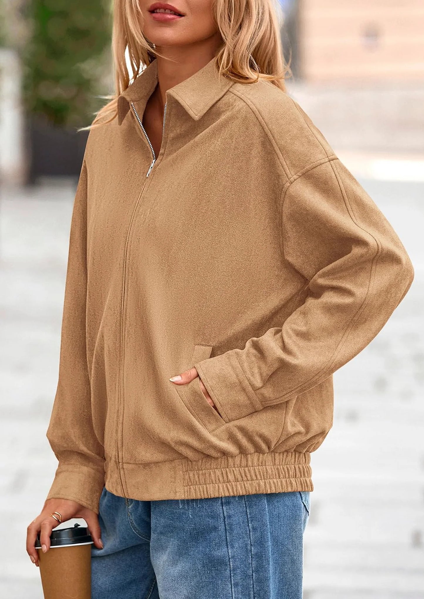 Women's Faux Suede Motorcycle Jacket Trendy Fall Fashion Oversized Zip Up Coats Winter Clothes Outerwear