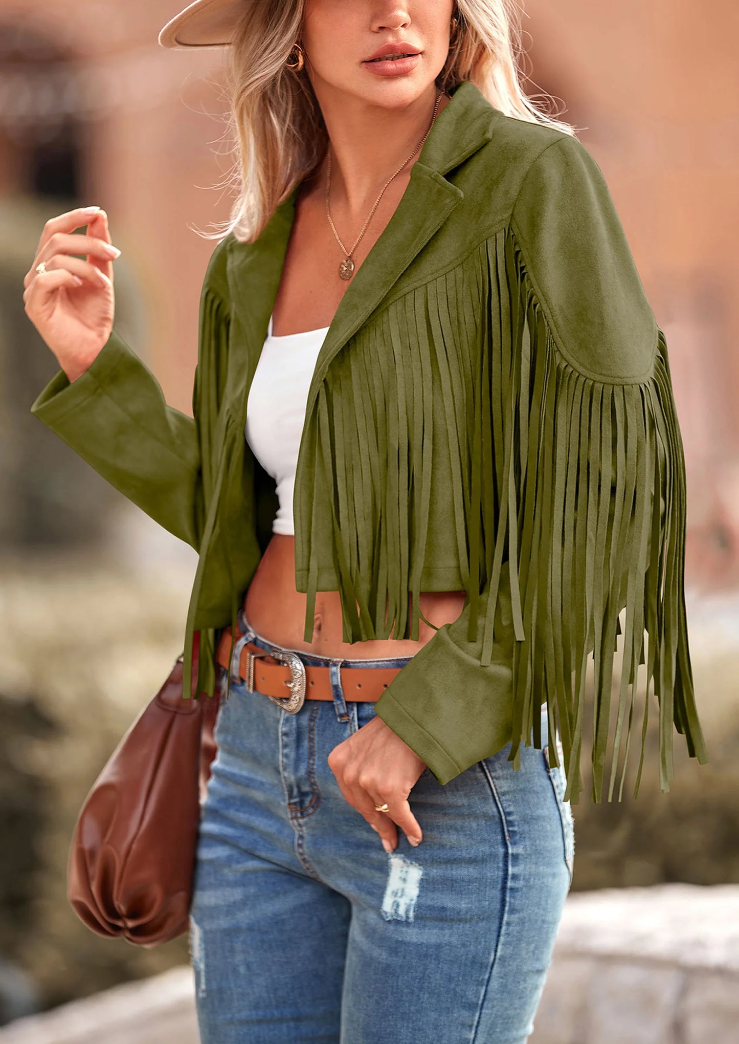 Women's Fringe Faux Suede Leather Jackets Fashion Tassel Motorcycle Cropped Coats