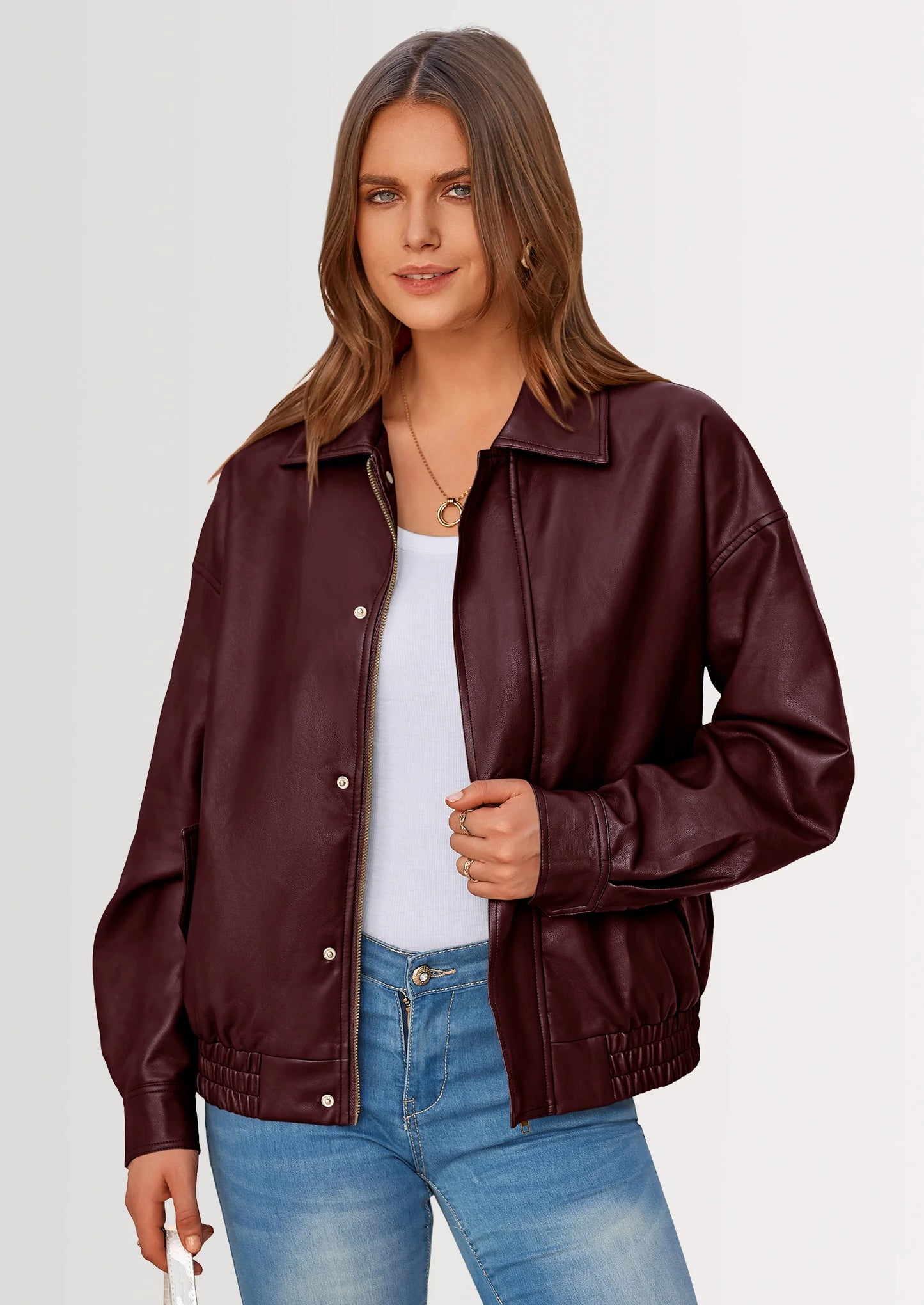 Women's Faux Leather Motorcycle Jacket Trendy Fall Spring Clothes Oversized Zip Up Winter Coat Outerwear