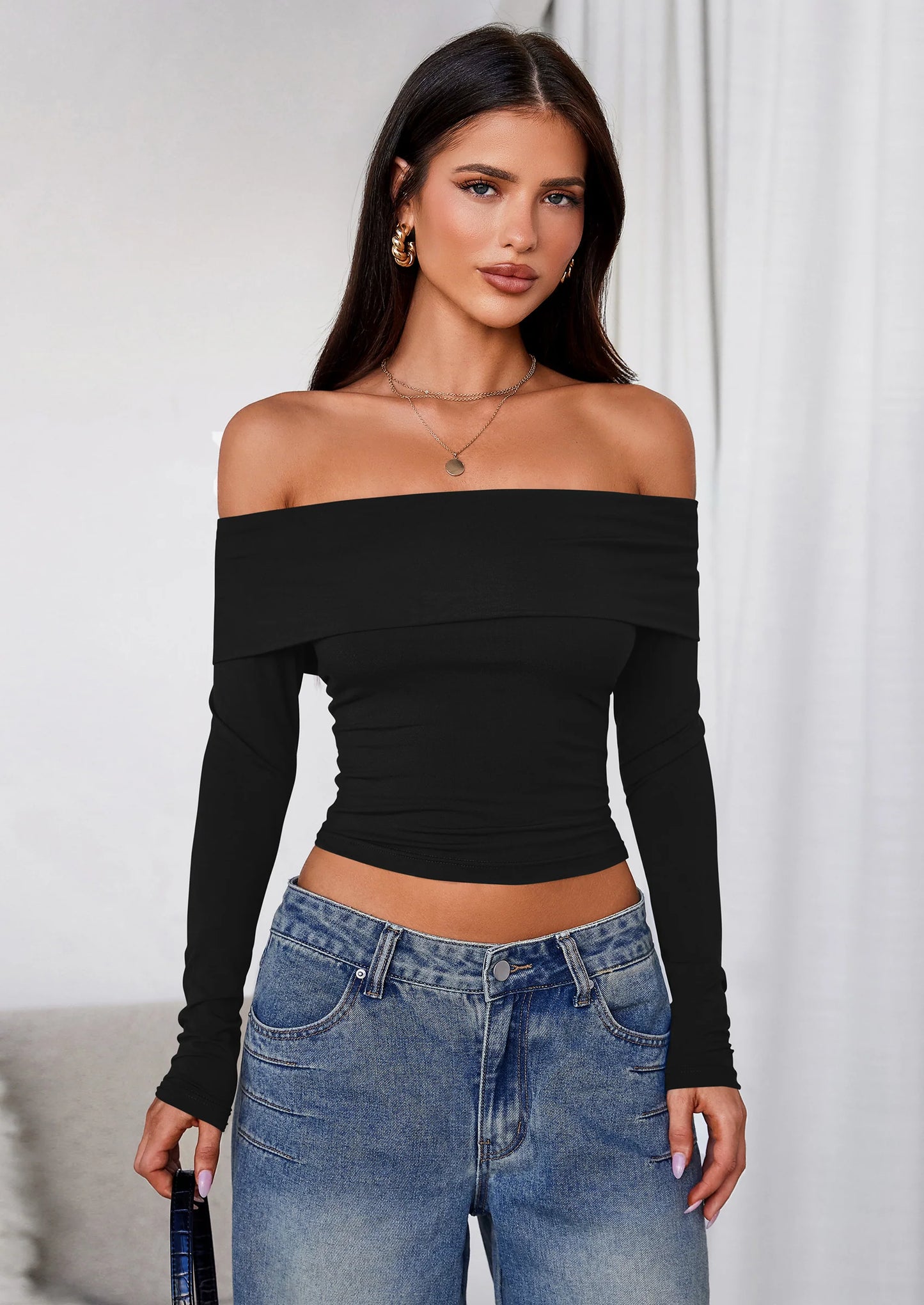 Off The Shoulder Tops for Women Long Sleeve Shirts Trendy Going Out Crop Top Spring Fashion Clothes